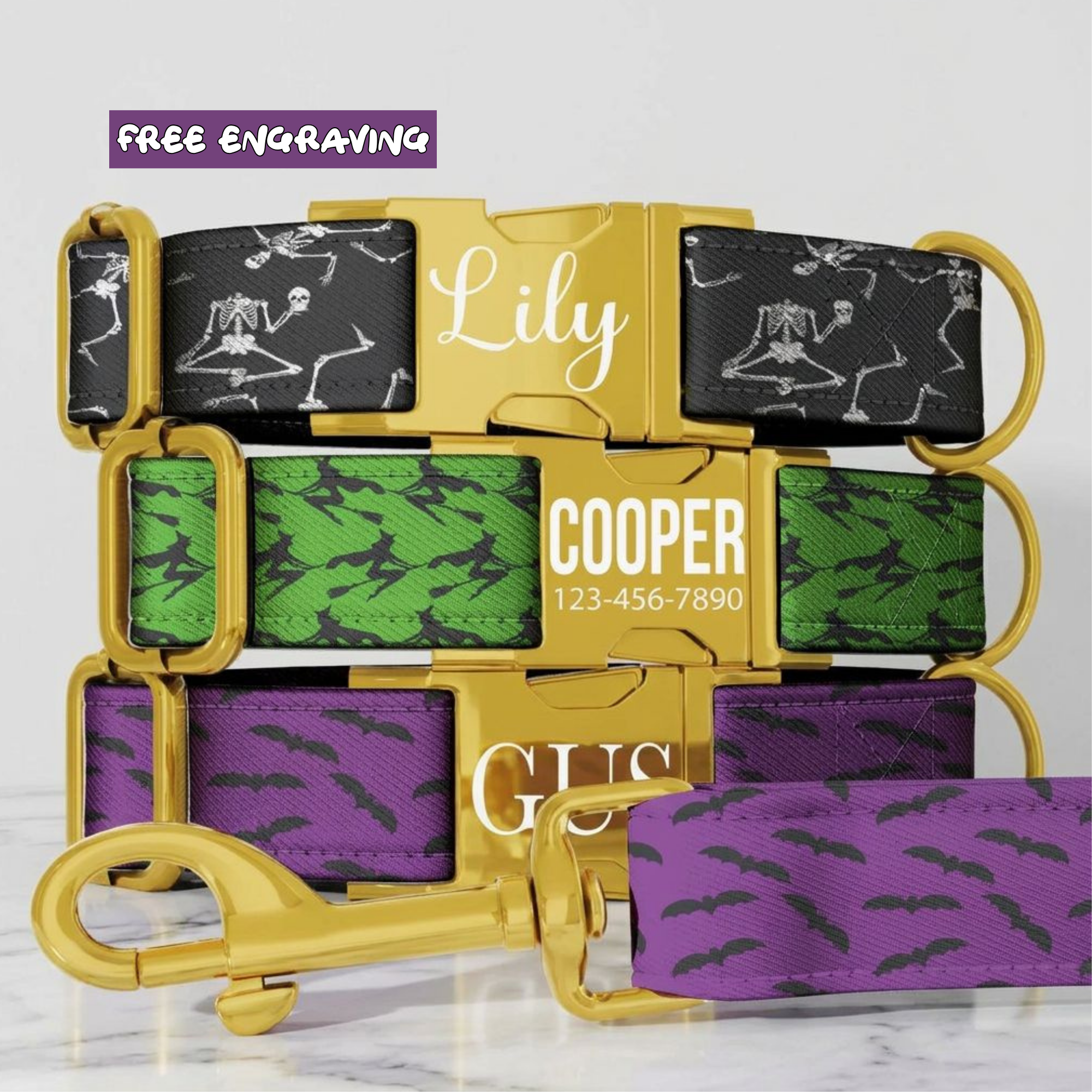 Purple Bat Dog Collar Halloween Dog Collar Personalized Pet Collar Custom Name Collar Spooky Bat Pattern Green Purple Collar