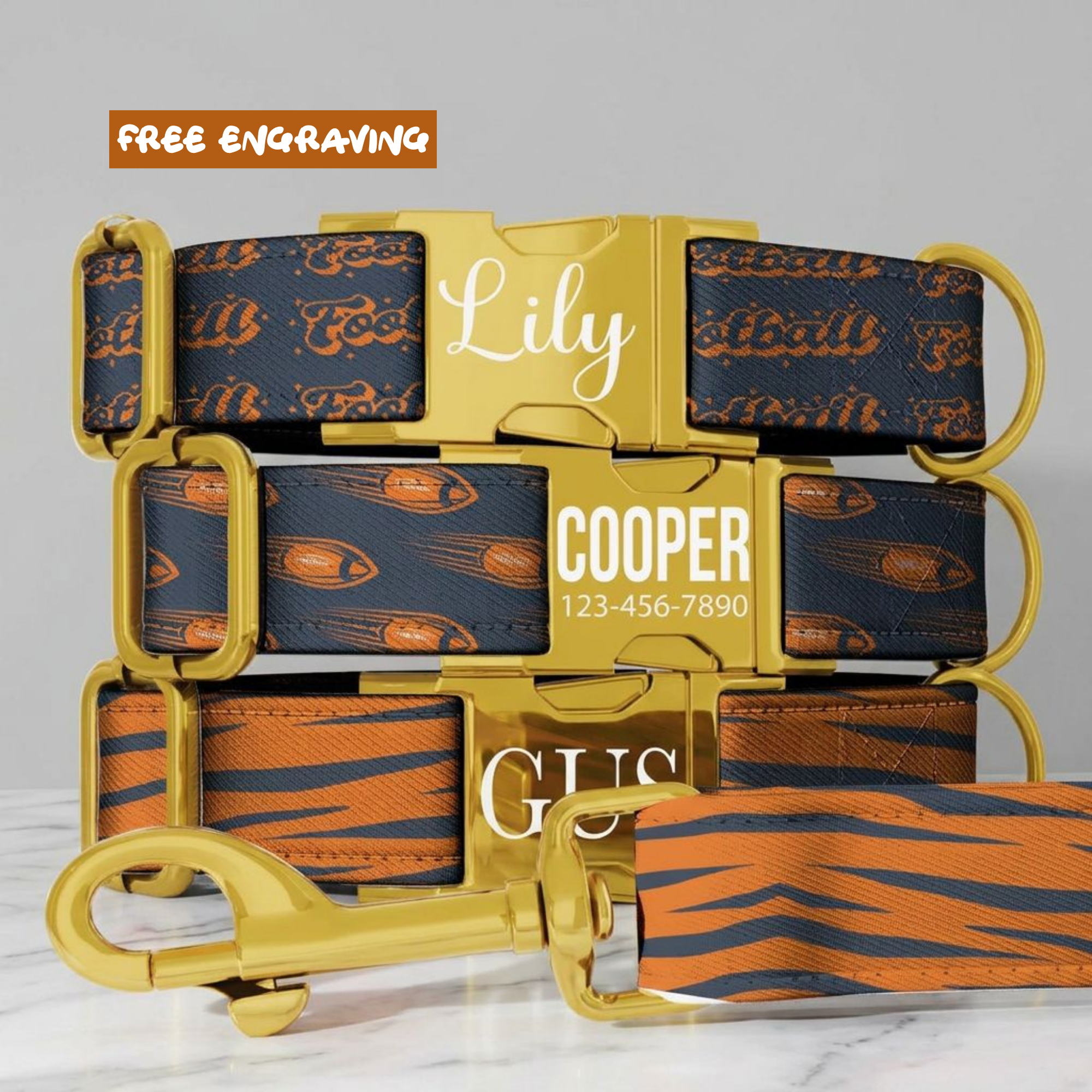 Navy Burnt Orange Personalized Football Dog Collar Custom Engraved Name Tag Rugby Style