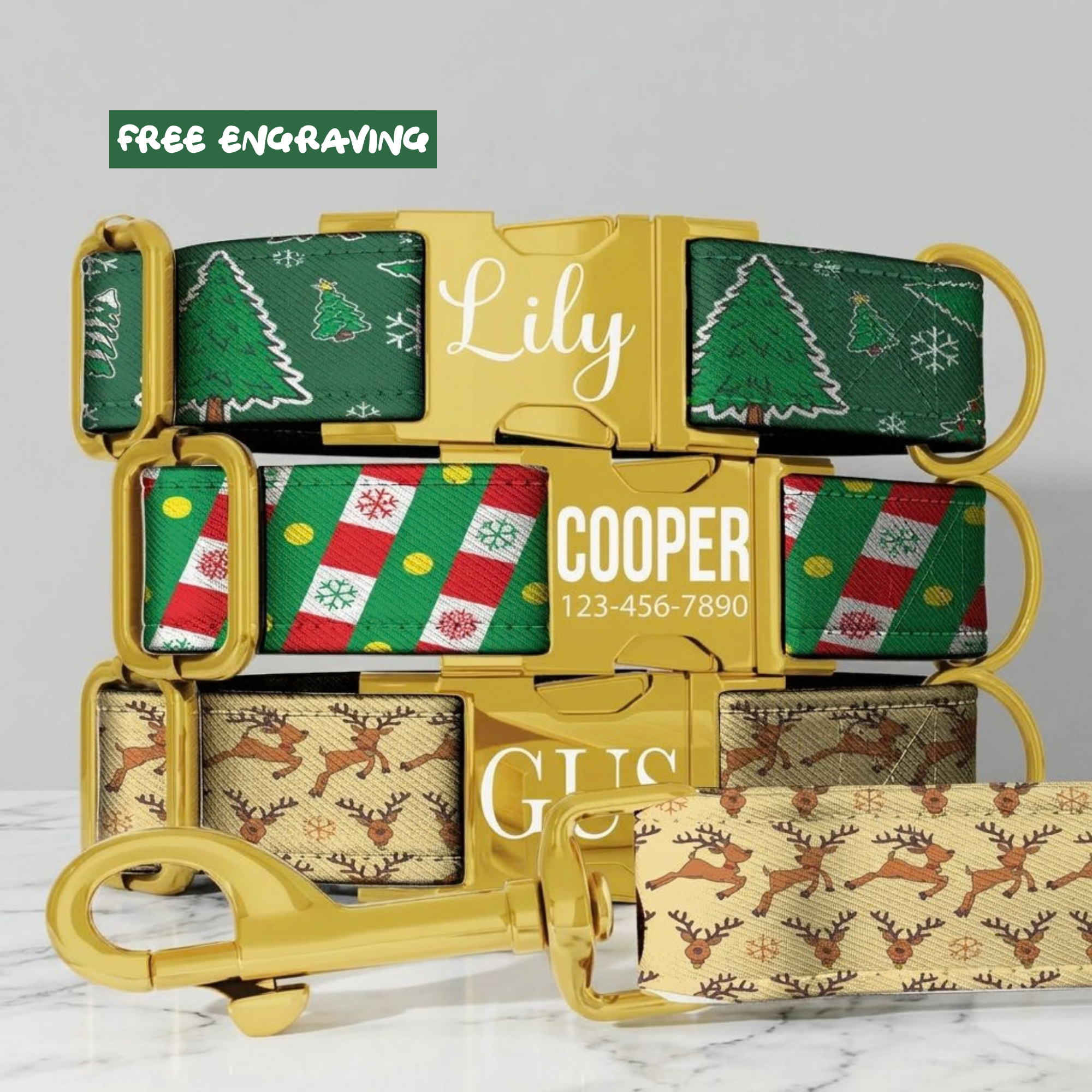 Christmas Tree Dog Collar Festive Holiday Pattern Personalized Name Collar Custom Pet ID Collar Reindeer Snowflake Puppy Accessory