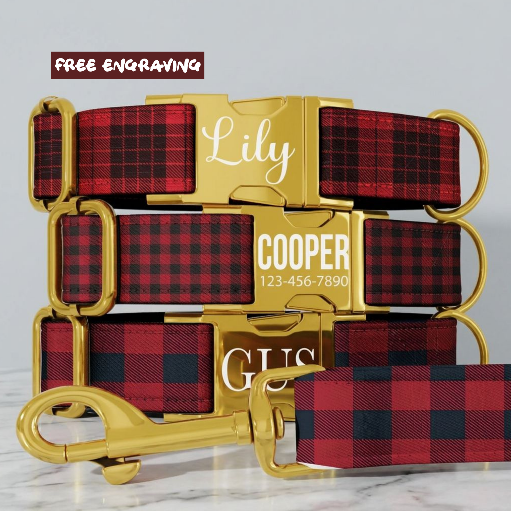Red Plaid Personalized Dog Collar & Leash Set