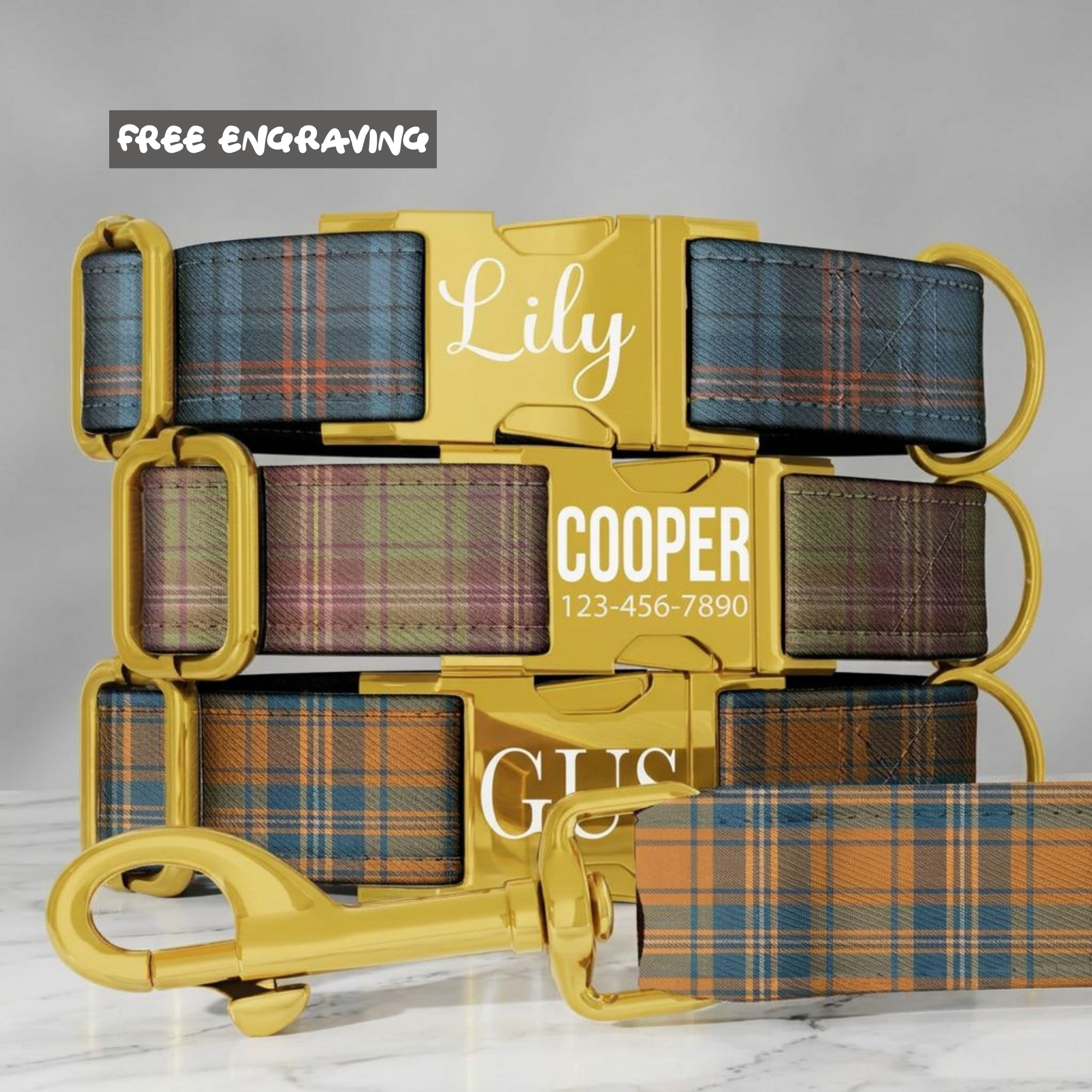 Retro Plaid Personalized Dog Collar & Leash Set