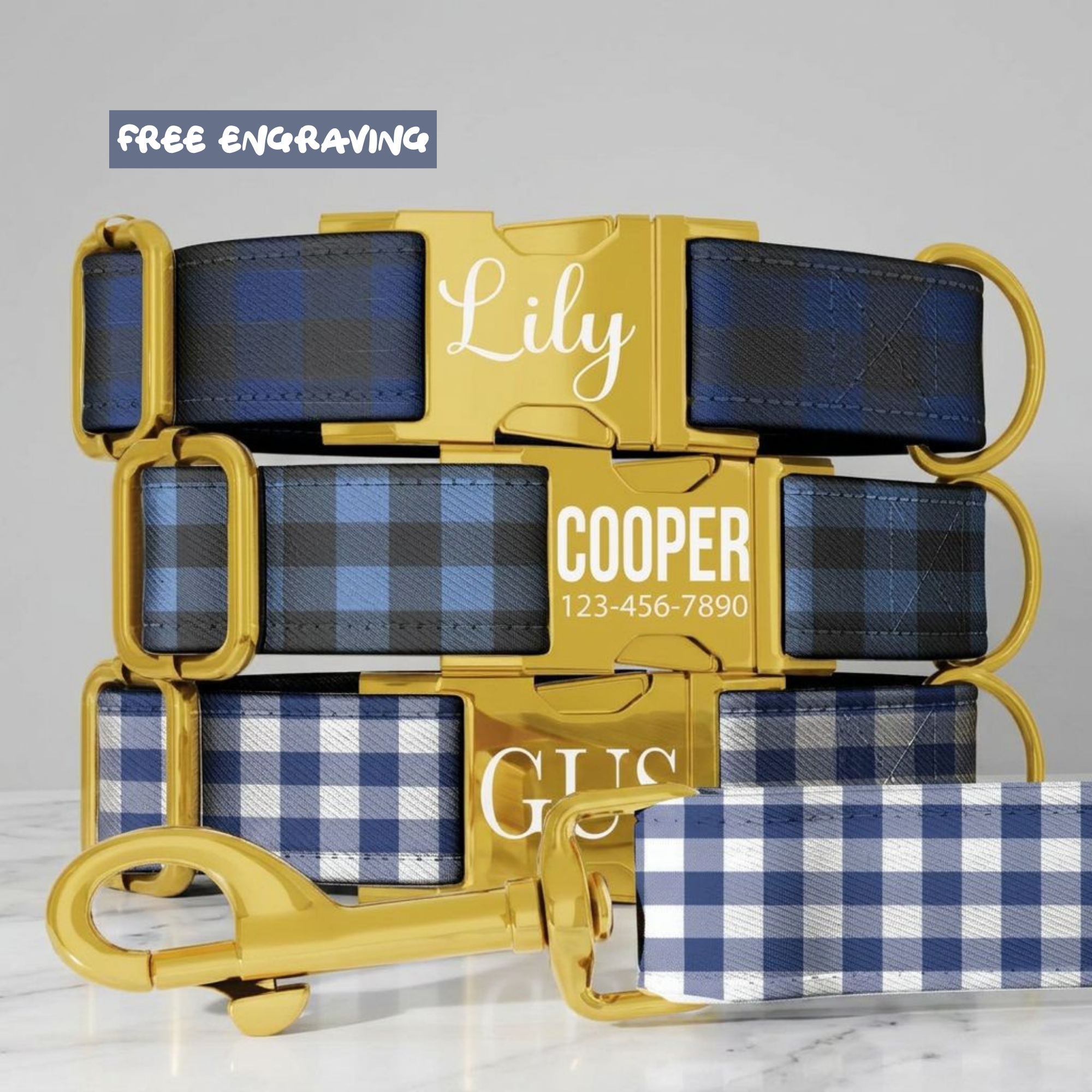Blue Checker Plaid Personalized Dog Collar & Leash Set