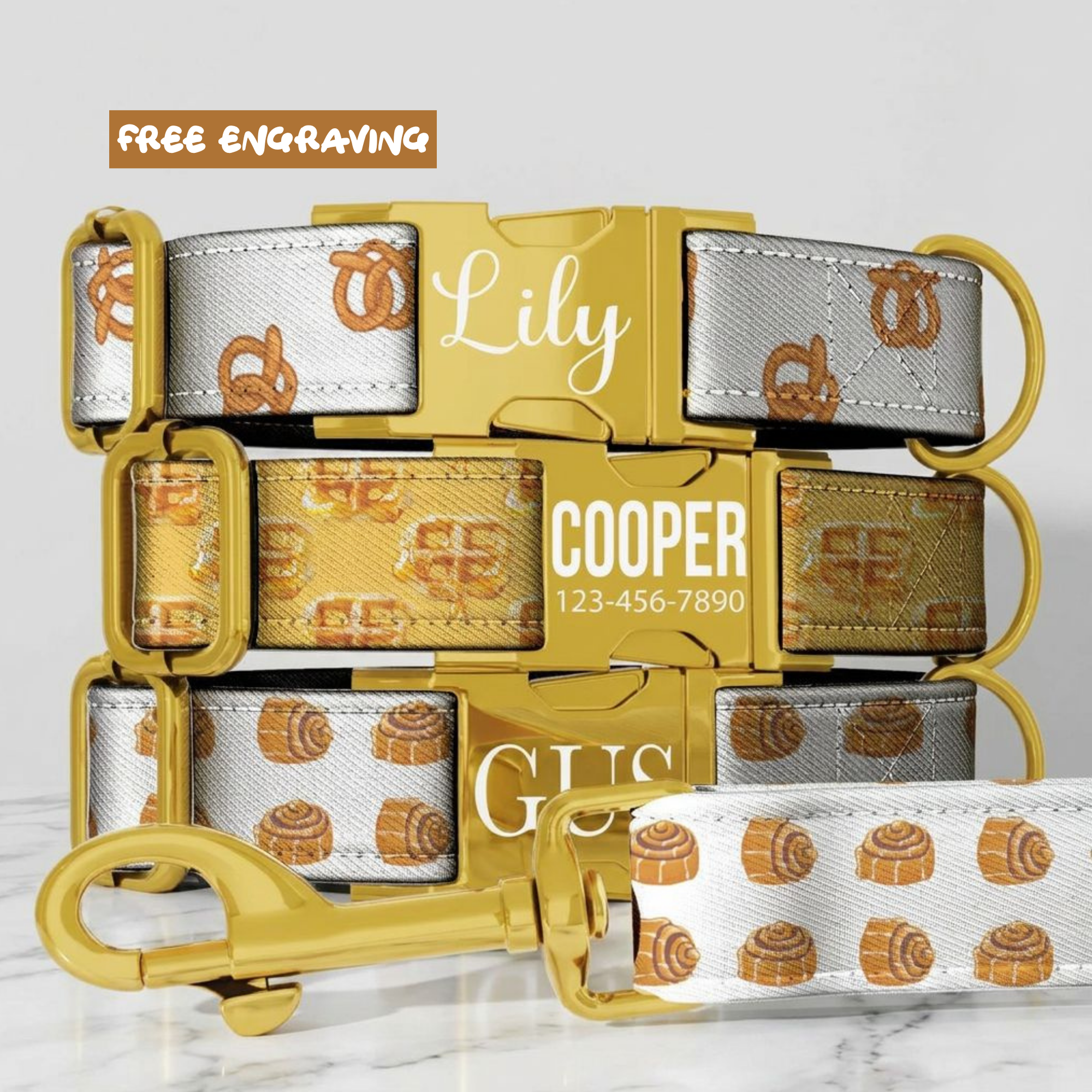 Bread & Pastry Pattern Custom Dog Collar & Leash Set Adjustable
