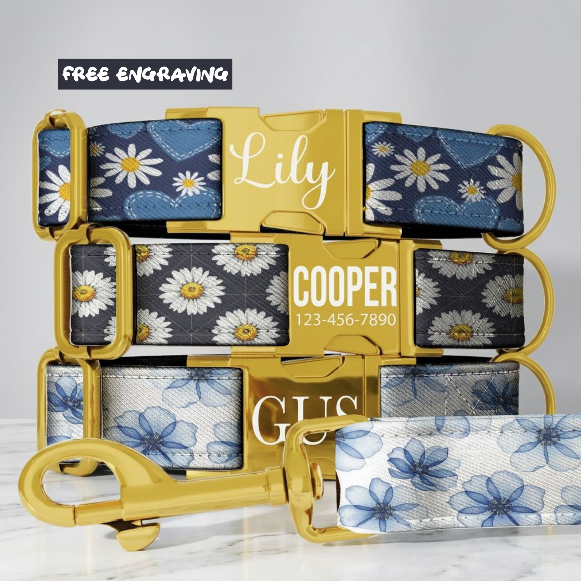 Daisy Dreams Personalized Dog Collar & Leash Set Custom Blue Floral Puppy Collar