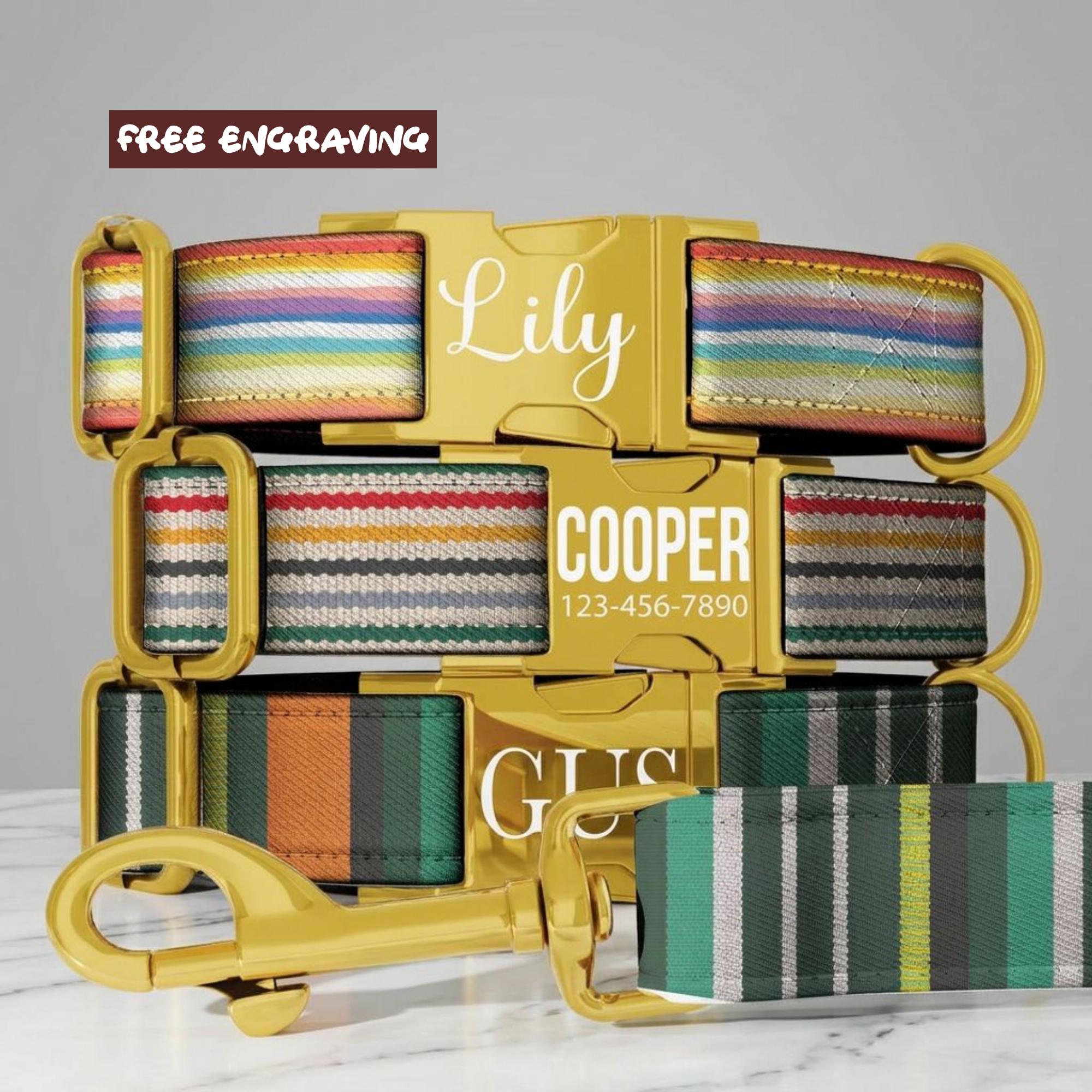 Striped Pattern Personalized Dog Collars & Leash Set