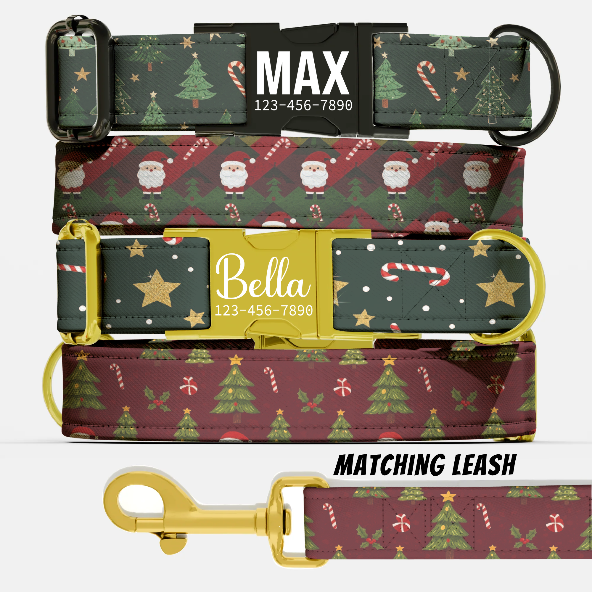 Dark Green Christmas Dog Collar Candy Cane Star Holiday Pattern Personalized Name Collar Custom Pet ID Collar Festive Gift Winter