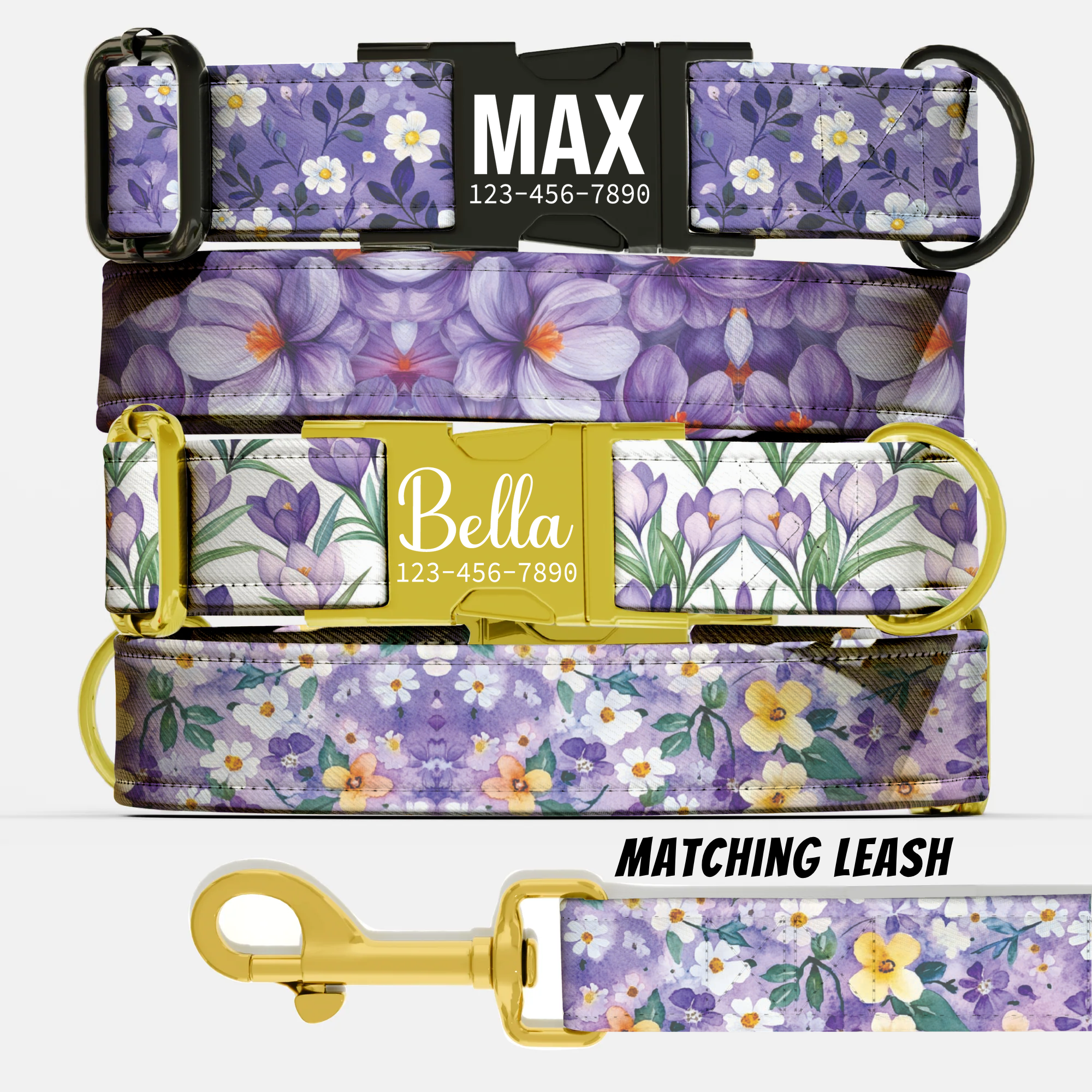 Purple Wildflower Personalized Dog Collar and Leash Handmade Lavender Pet Collar Custom Dog Accessories Small Medium Large Dogs