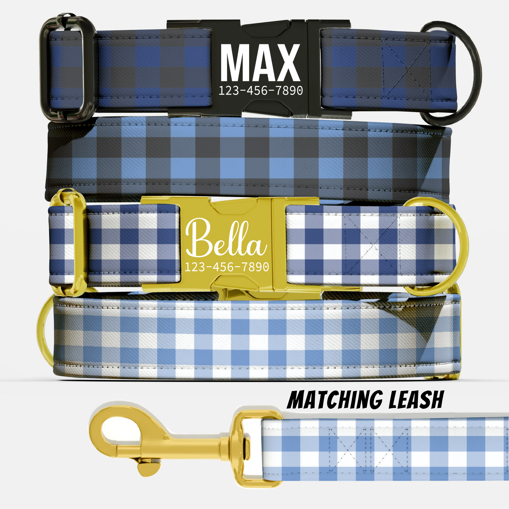 Blue Checker Plaid Personalized Dog Collar & Leash Set