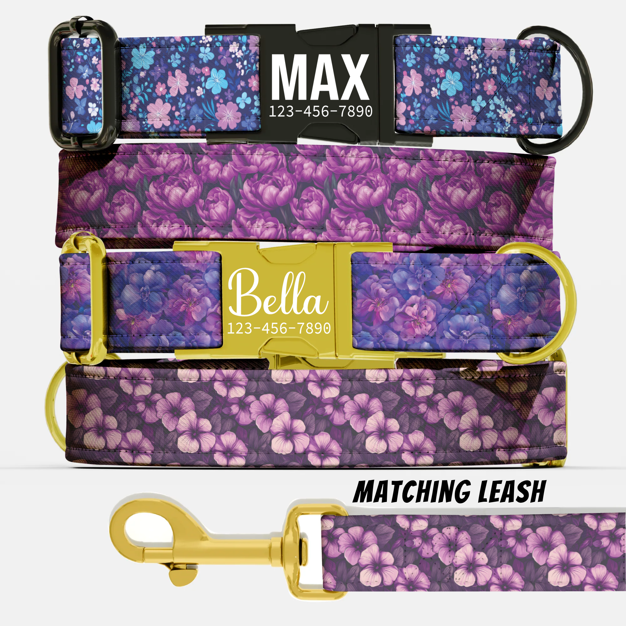 Purple Floral Personalized Dog Collar & Leash Set