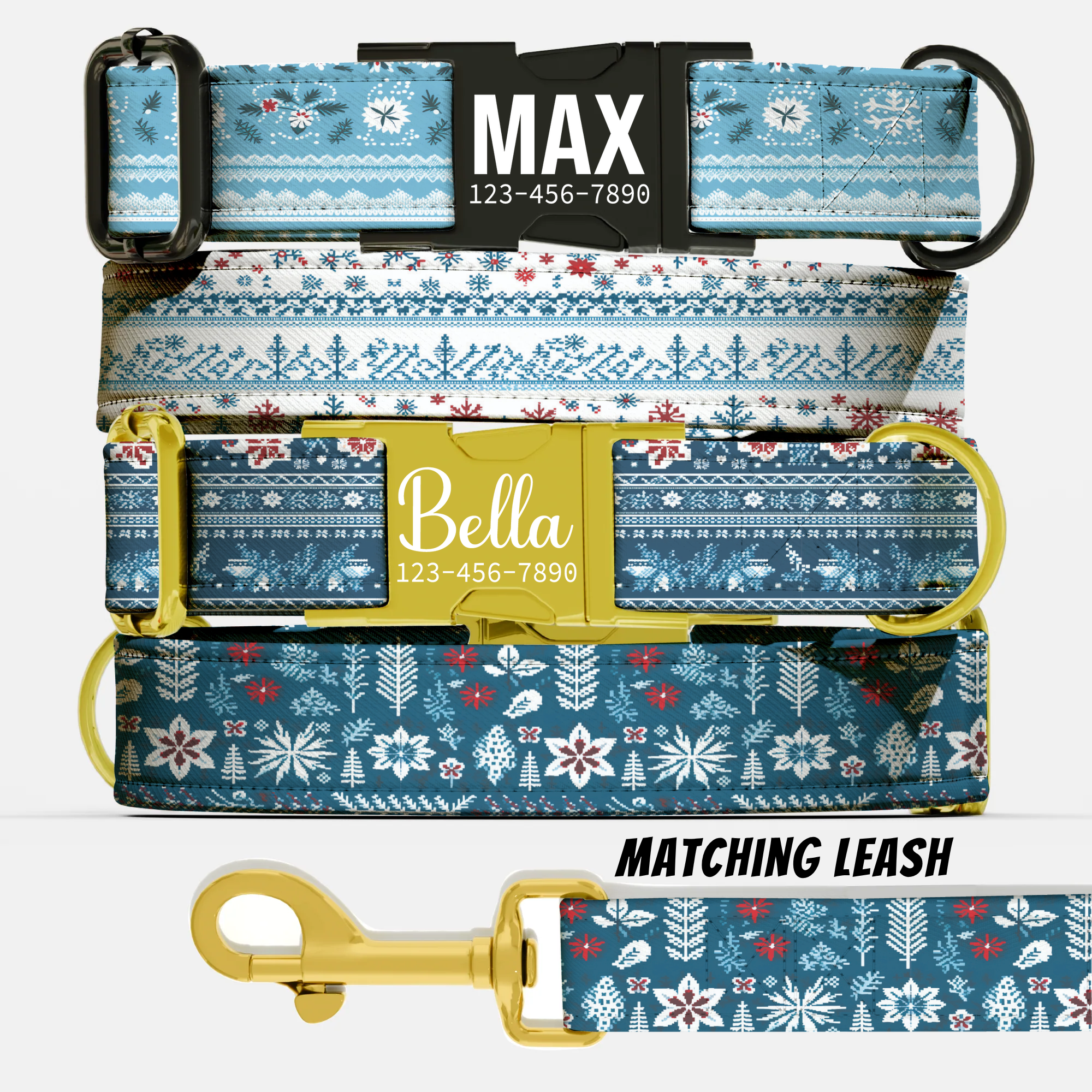 Blue Snowflake Dog Collar Nordic Winter Pattern Personalized Name Collar Custom Pet ID Christmas Puppy Gift Holiday Accessory
