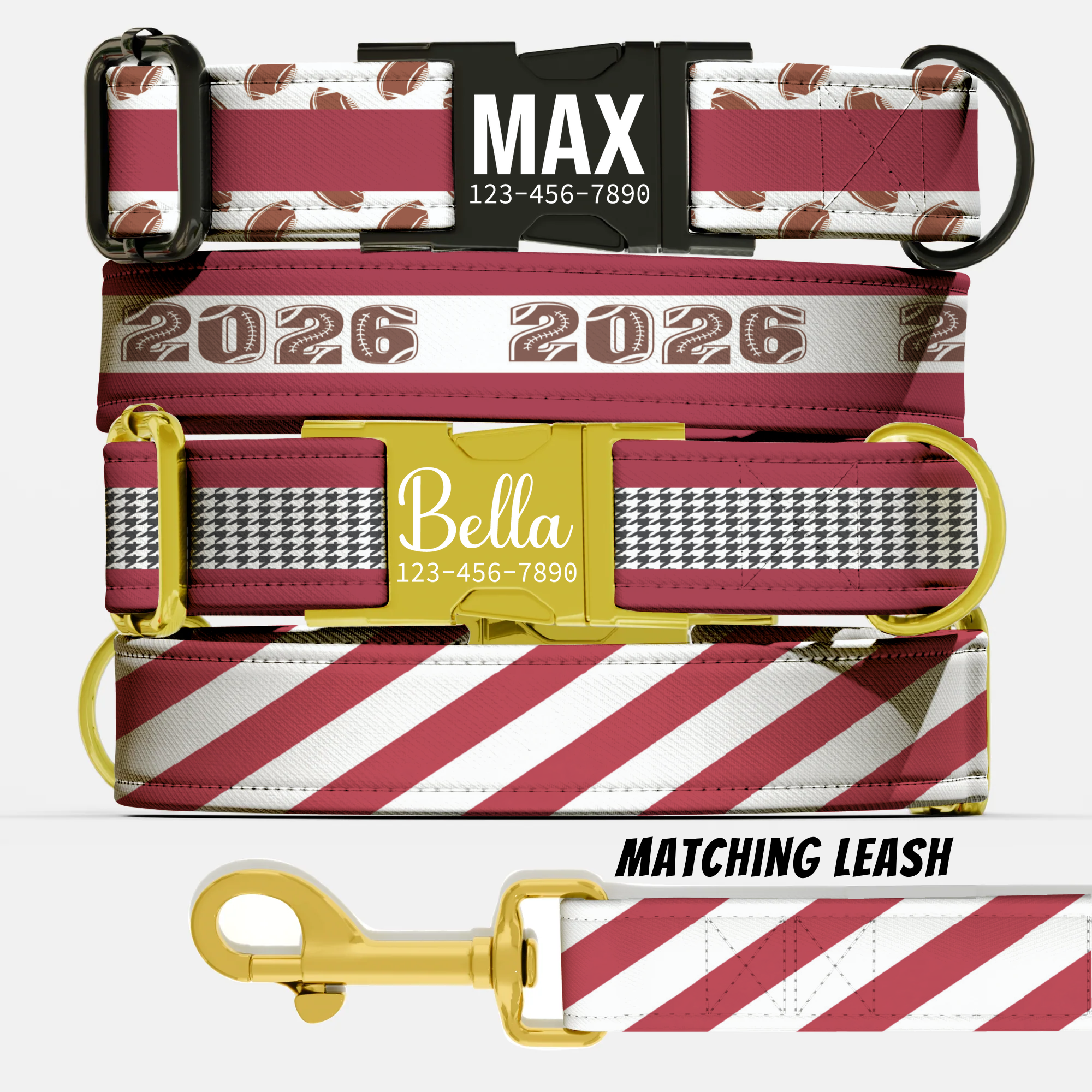 Crimson Red & White Personalized Football Game Day Collar Custom Engraved Name Saturday Series