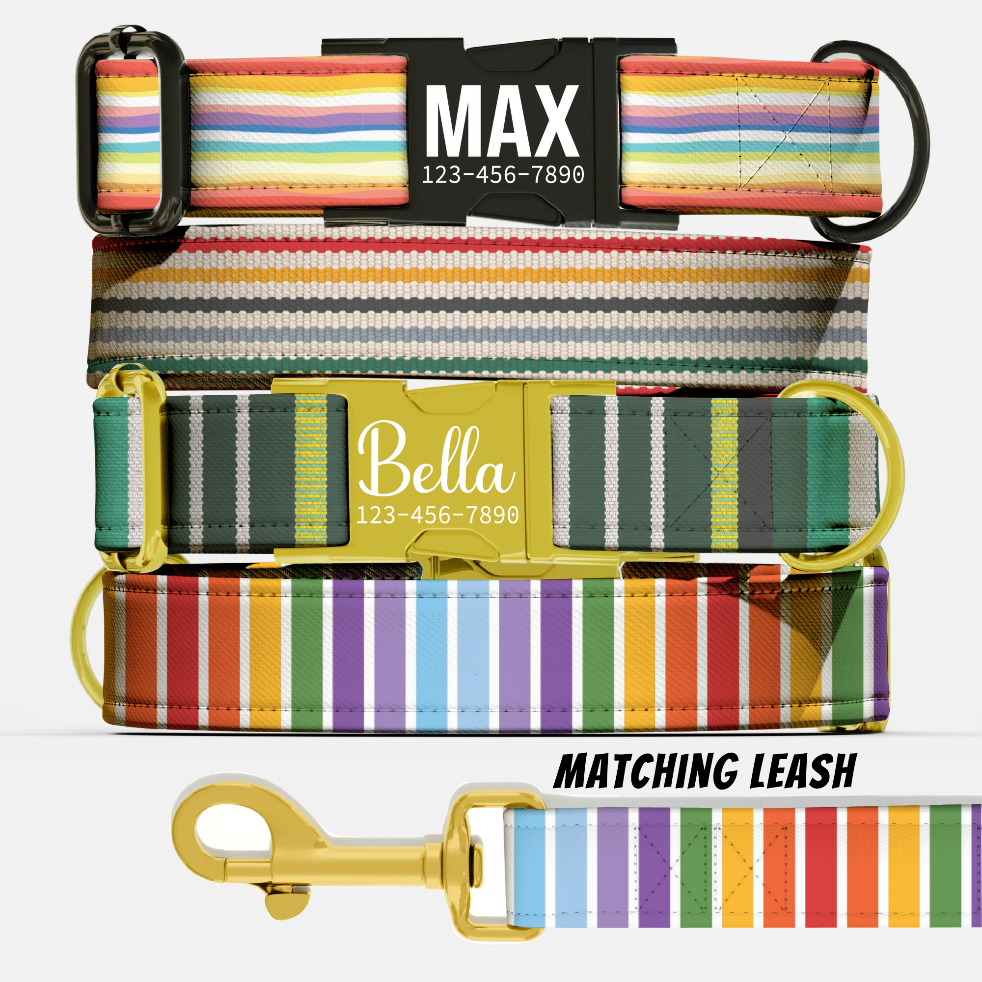 Striped Pattern Personalized Dog Collars & Leash Set