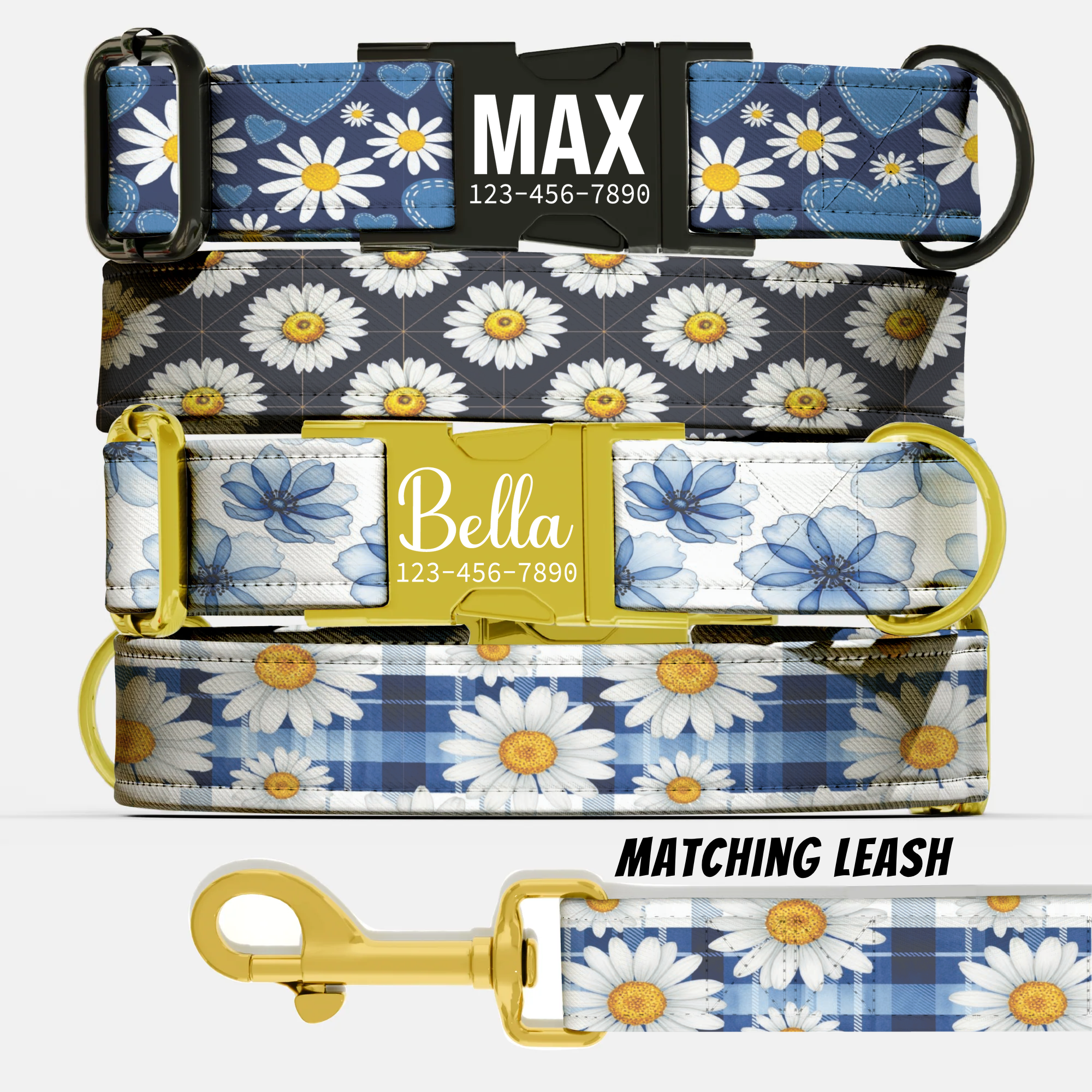 Daisy Dreams Personalized Dog Collar & Leash Set Custom Blue Floral Puppy Collar