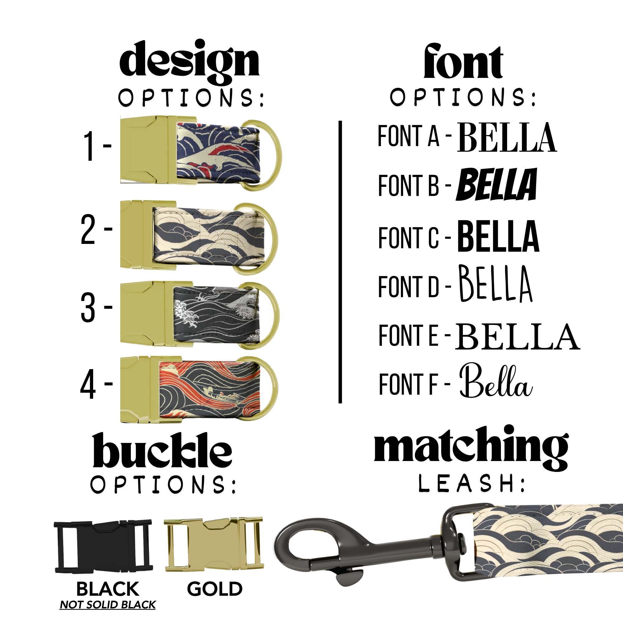 Custom Japanese Wave Personalized Dog Collar & Leash Set Adjustable