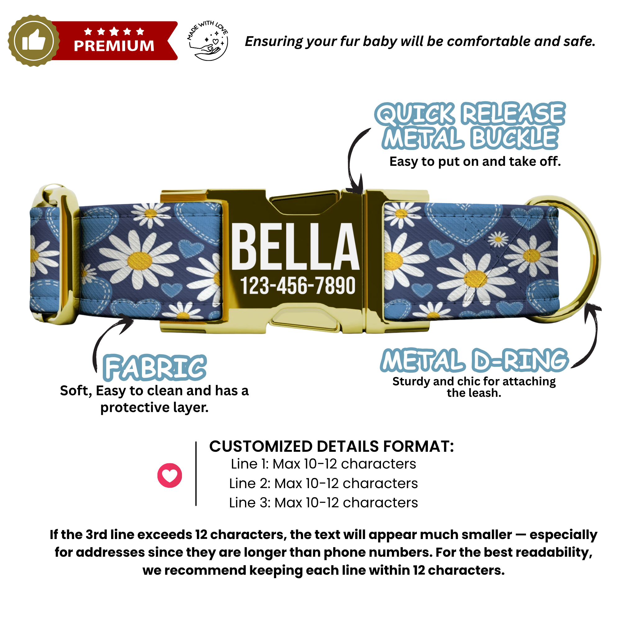 Daisy Dreams Personalized Dog Collar & Leash Set Custom Blue Floral Puppy Collar