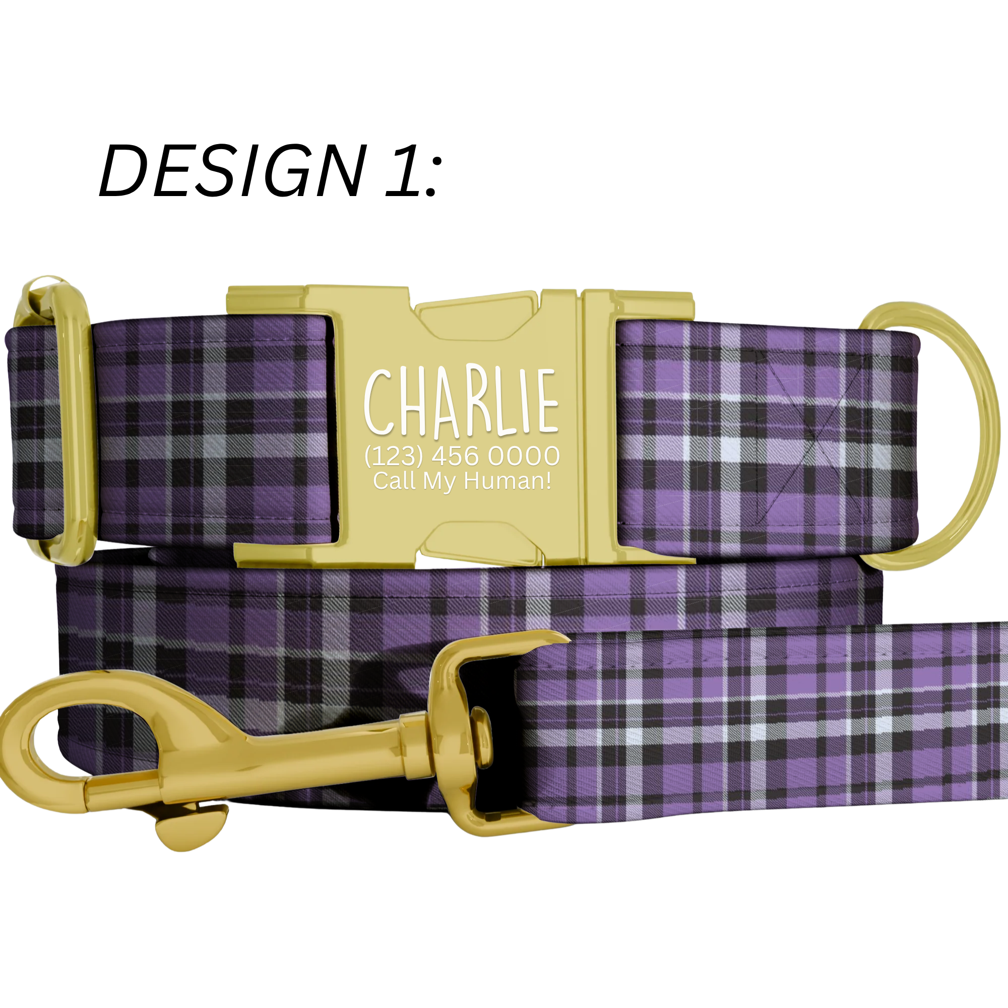Purple Plaid Gingham Personalized Dog Collar & Leash