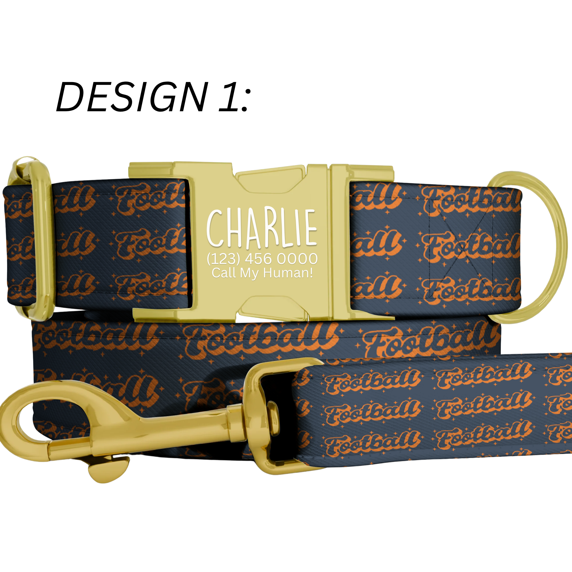 Navy Burnt Orange Personalized Football Dog Collar Custom Engraved Name Tag Rugby Style
