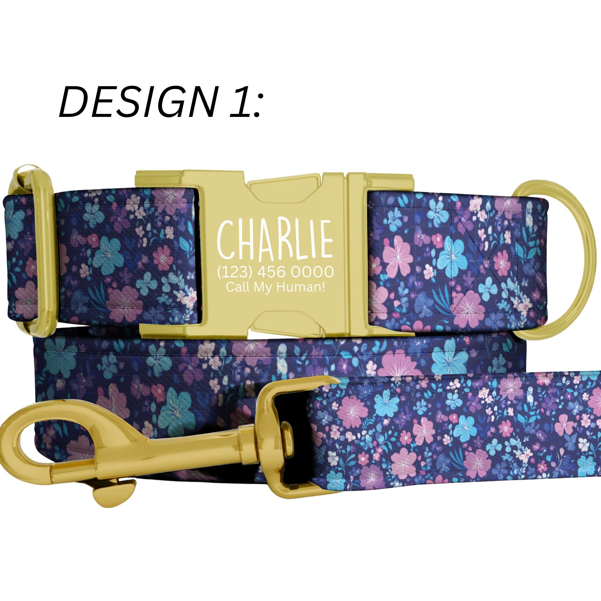 Purple Floral Personalized Dog Collar & Leash Set