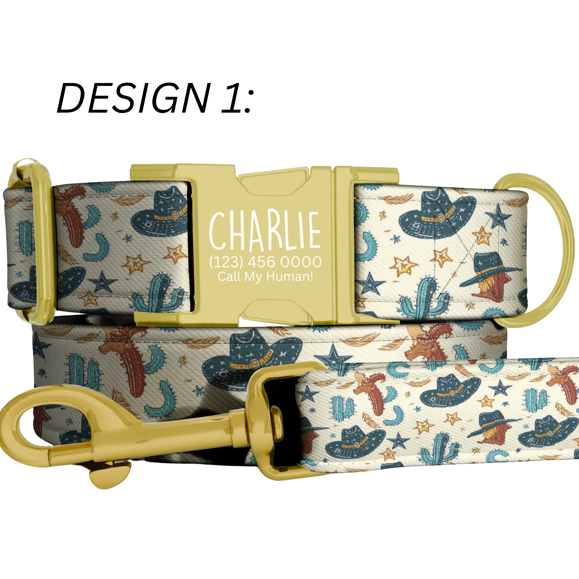 Wild West Cowboy Hat & Cactus Personalized Dog Collar Leash Set Custom Pet ID