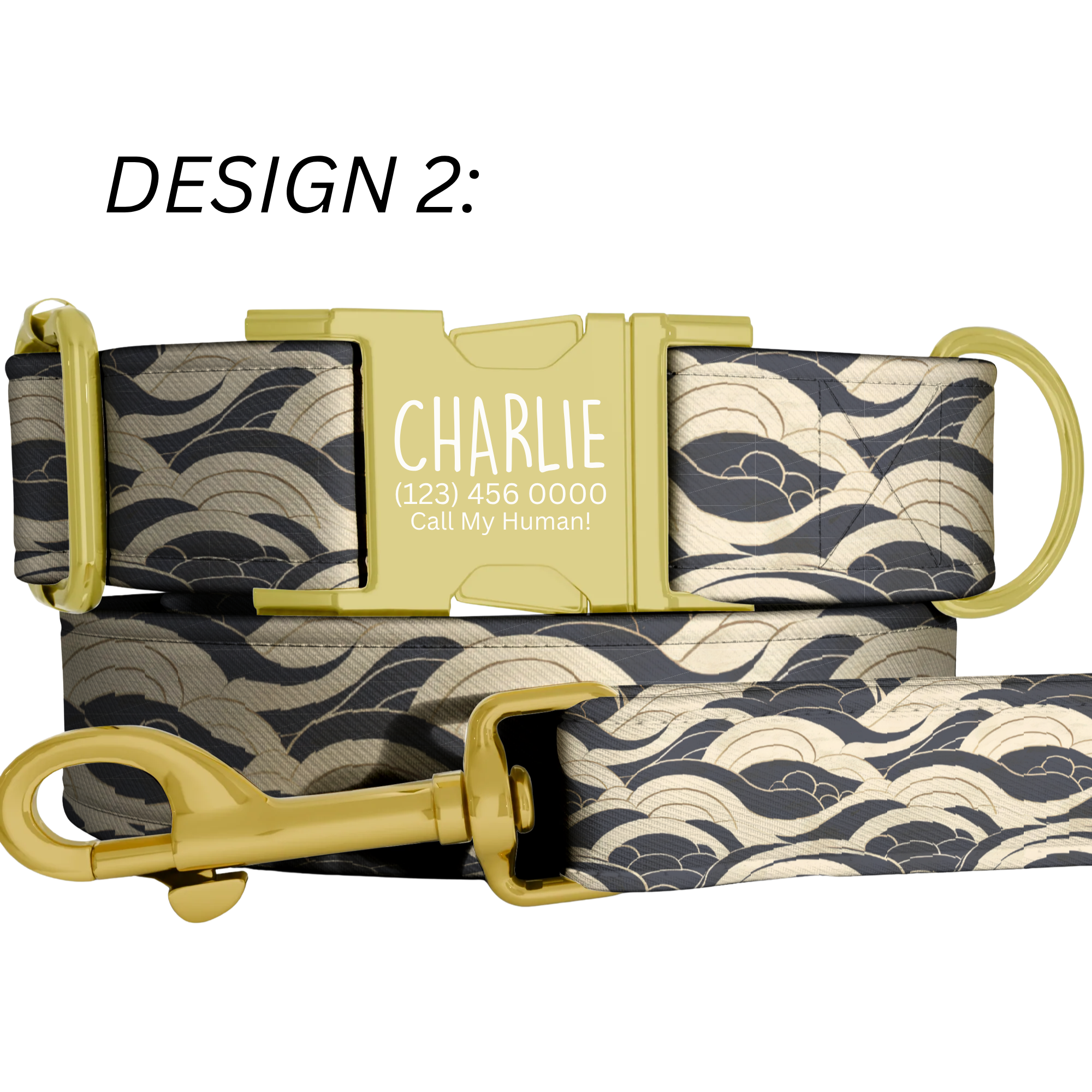 Custom Japanese Wave Personalized Dog Collar & Leash Set Adjustable