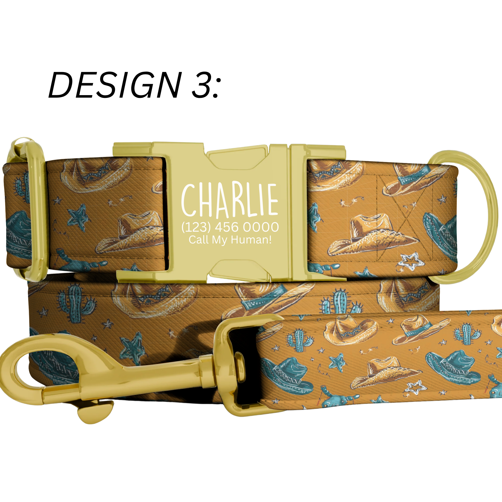 Wild West Cowboy Hat & Cactus Personalized Dog Collar Leash Set Custom Pet ID