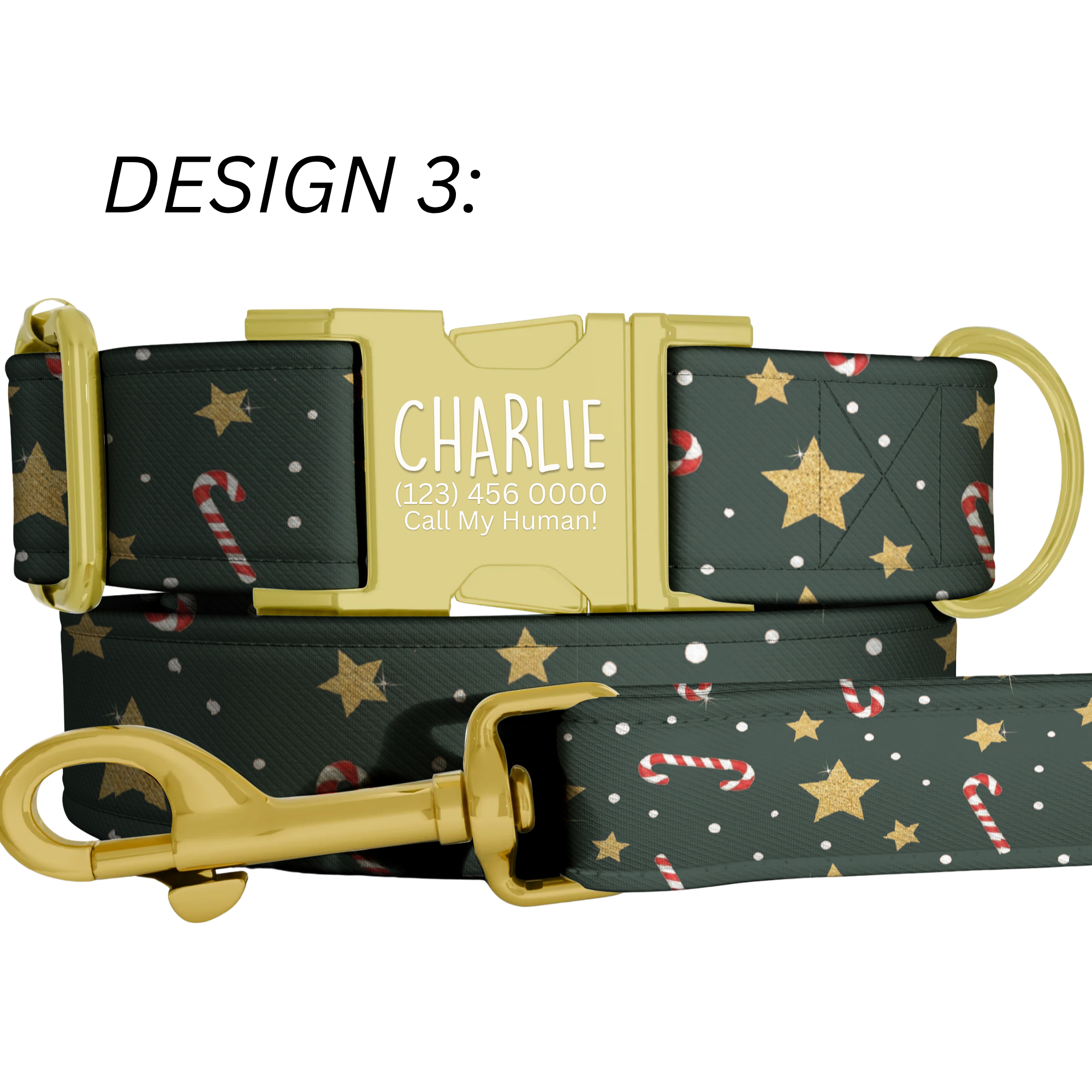 Dark Green Christmas Dog Collar Candy Cane Star Holiday Pattern Personalized Name Collar Custom Pet ID Collar Festive Gift Winter