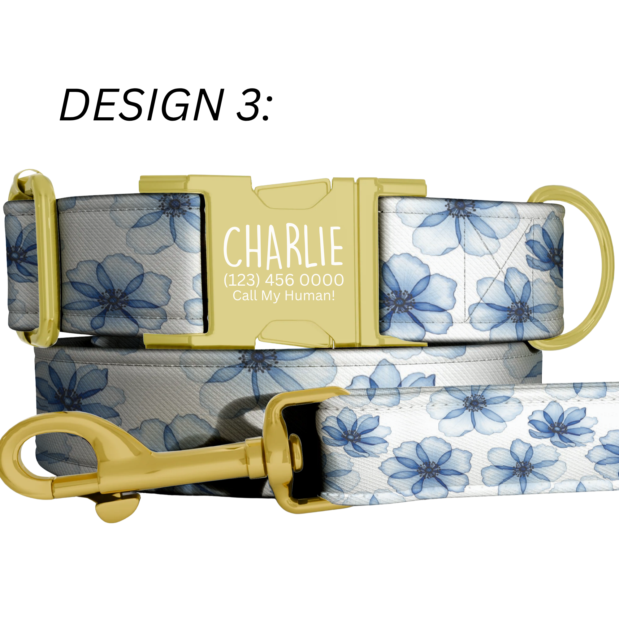 Daisy Dreams Personalized Dog Collar & Leash Set Custom Blue Floral Puppy Collar