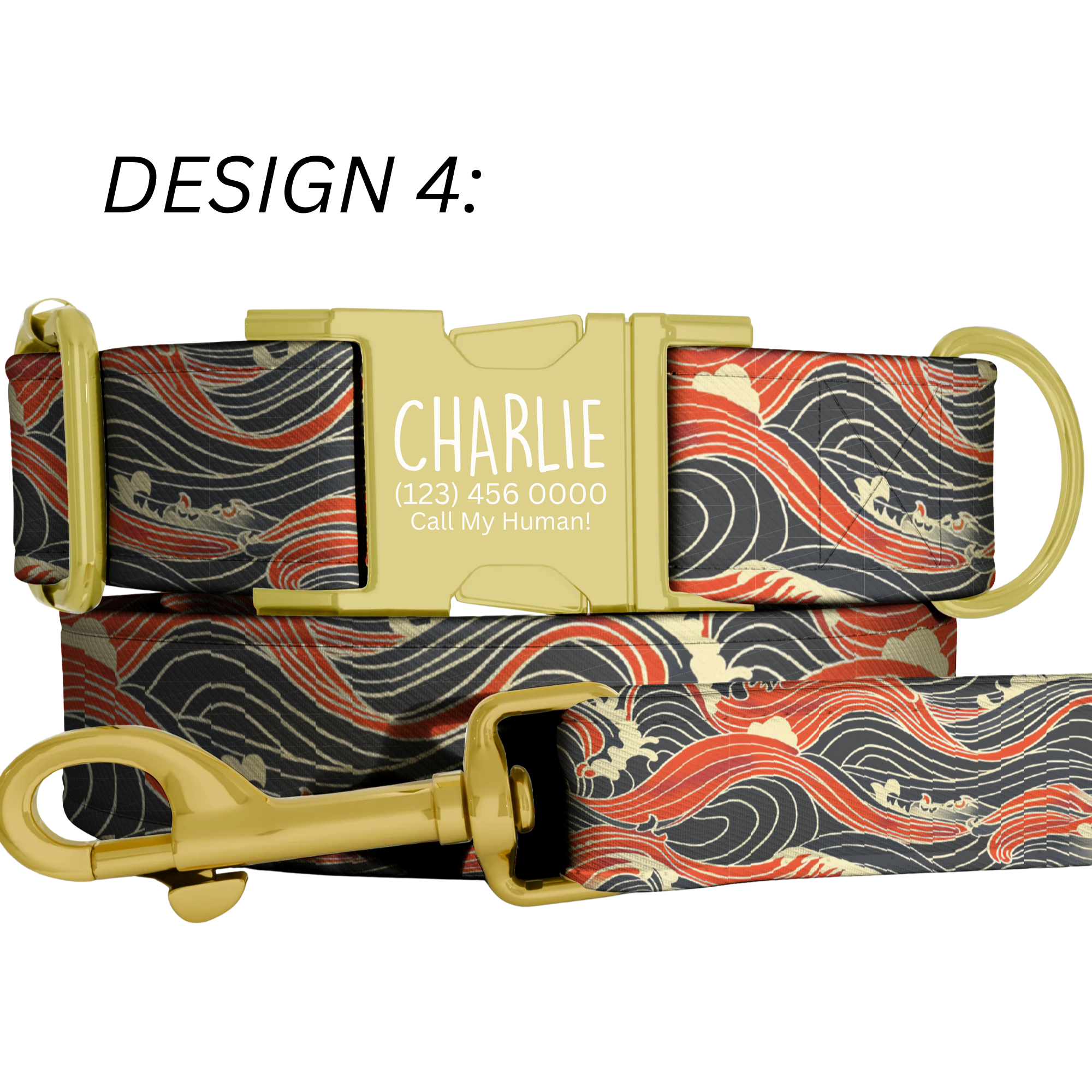Custom Japanese Wave Personalized Dog Collar & Leash Set Adjustable