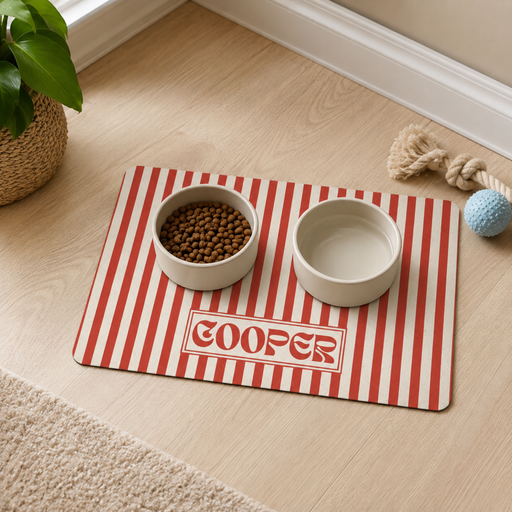 Personalized Striped Pet Food Mat Custom Dog Bowl Mat with Name Non-Slip Pet Feeding Mat Cat Food Mat Waterproof Feeding Station Rug 12x18