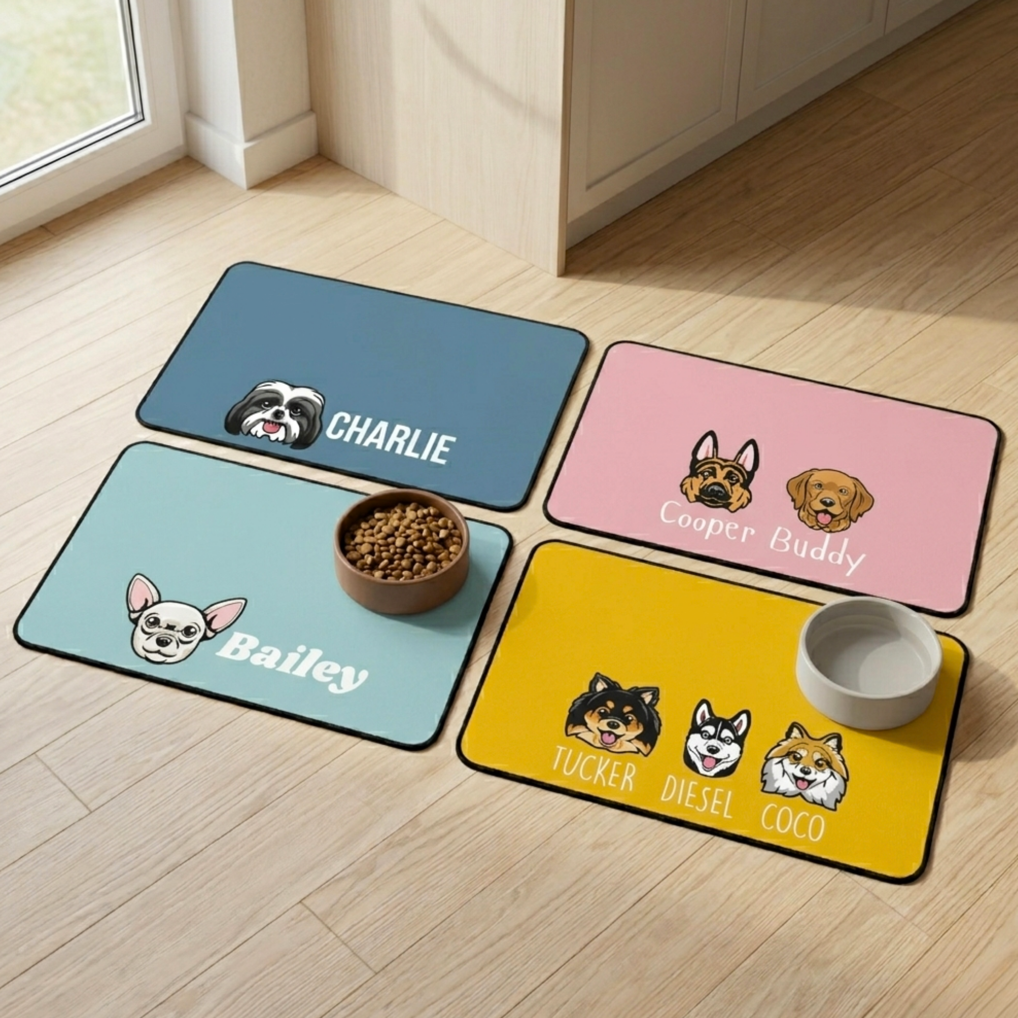 Custom Dog Feeding Mat with Name, Personalized Non Slip Pet Bowl Mat, Waterproof Dog Placemat, Pet Lover Gift for Dogs