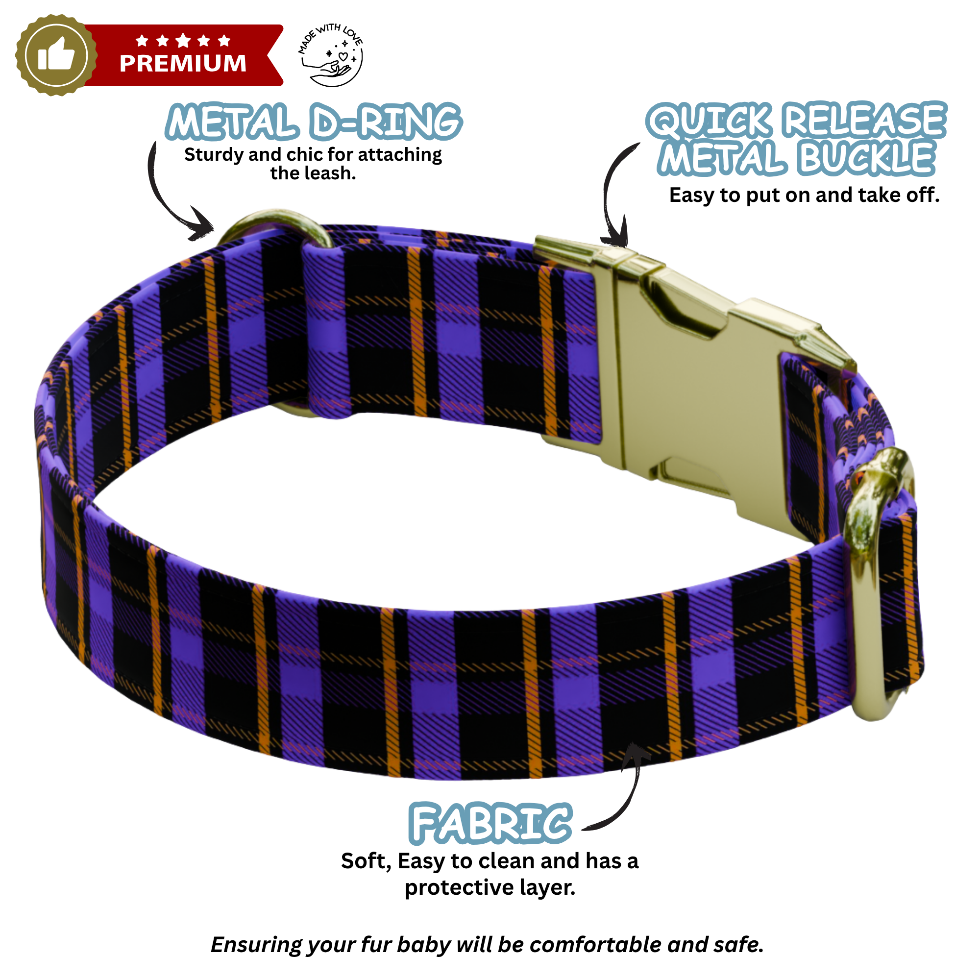 Personalized Purple Plaid Gingham Dog Collar & Leash Set (OG-36)