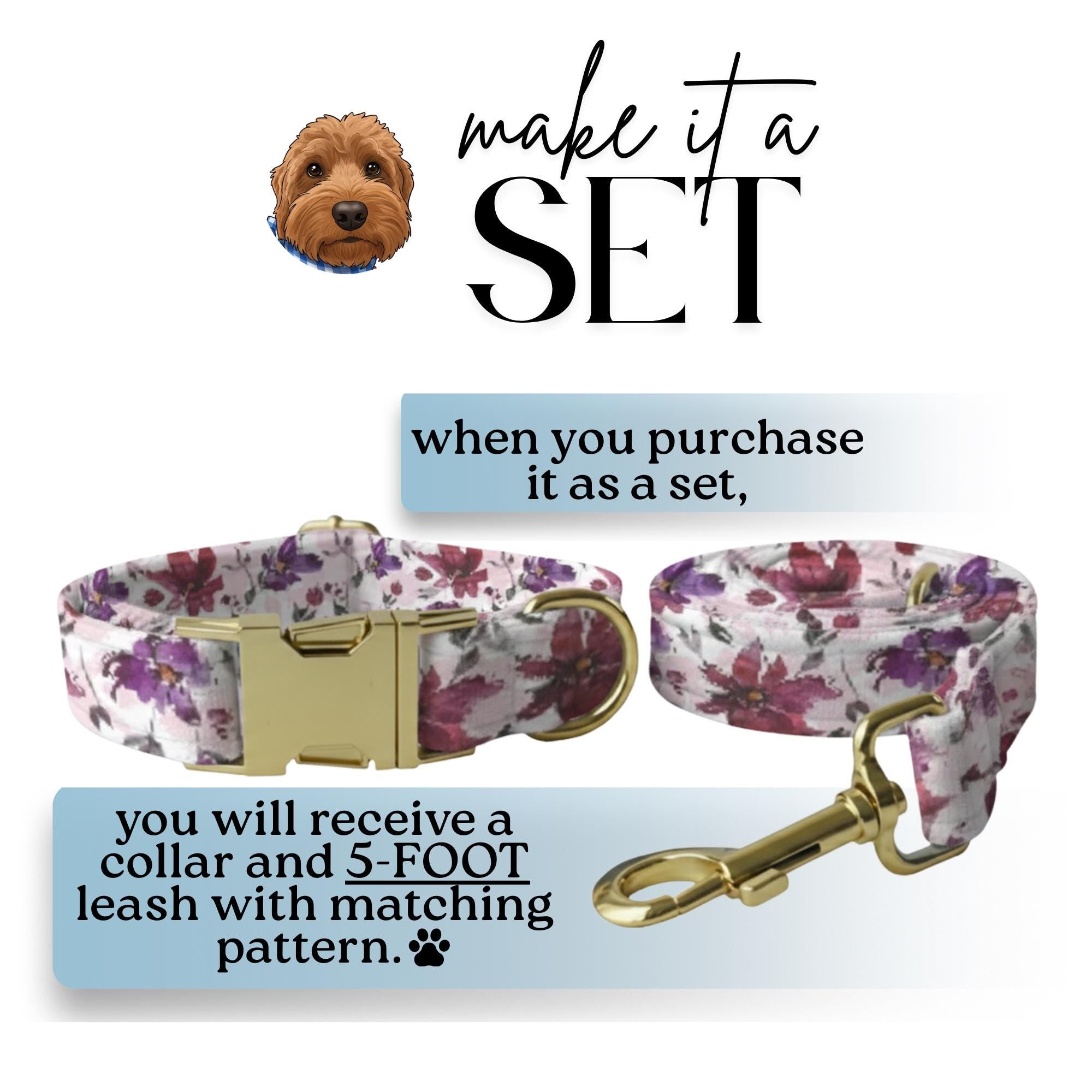Purple Bloom Dreams Personalized Dog Collar Floral Watercolor Design, Custom Name & Number, Metal Buckle (OG-420)