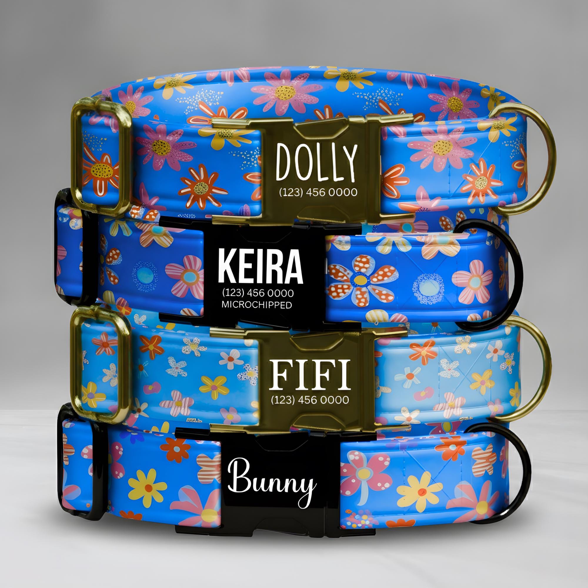 Blue Bloom Garden Dog Collar - Bright Floral Personalized Dog Tag with Metal Buckle Gift for Dogs (OG-428)