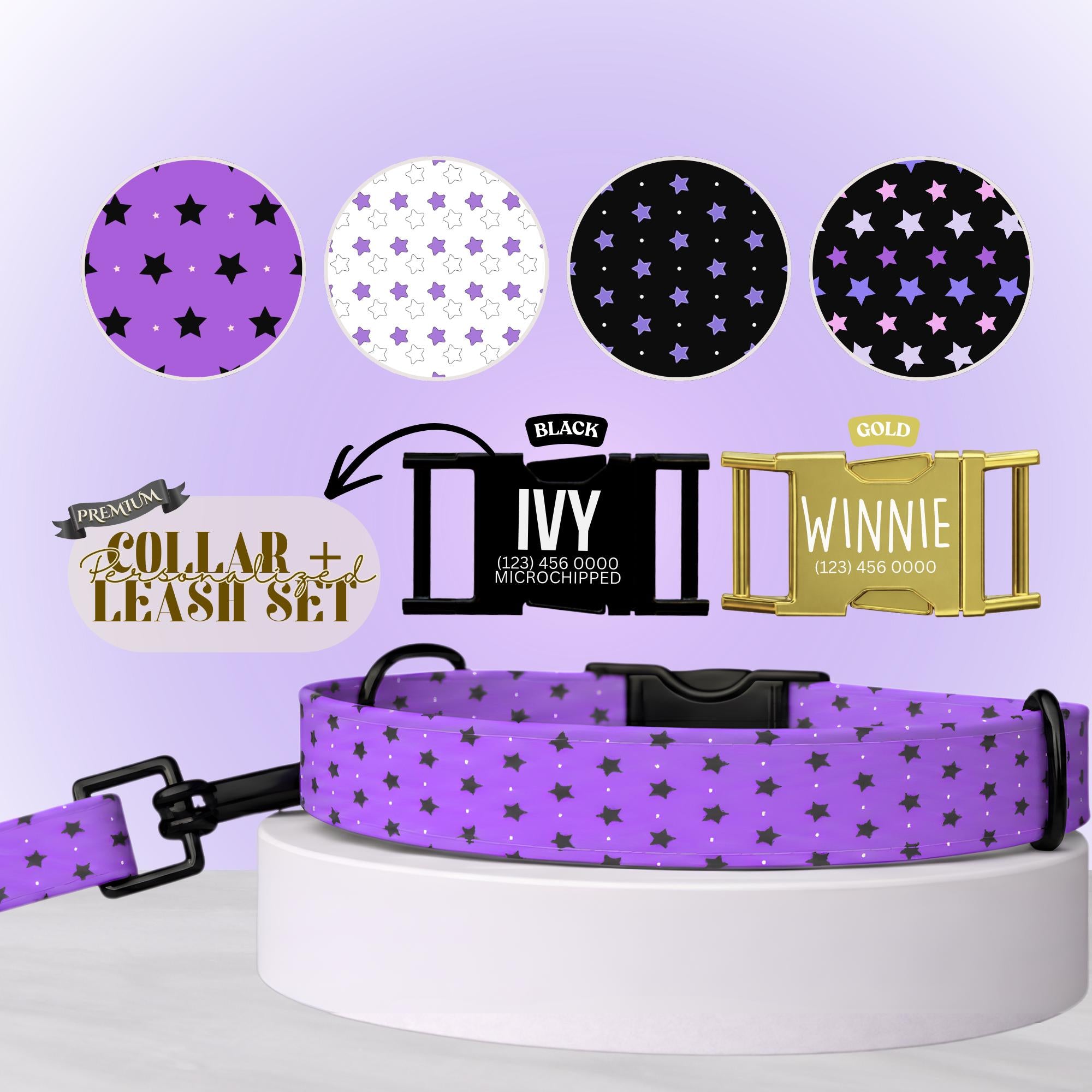 Starry Nights Personalized Dog Collar Purple, Black & White Cosmic Stars Custom Name Gift (OG-425)