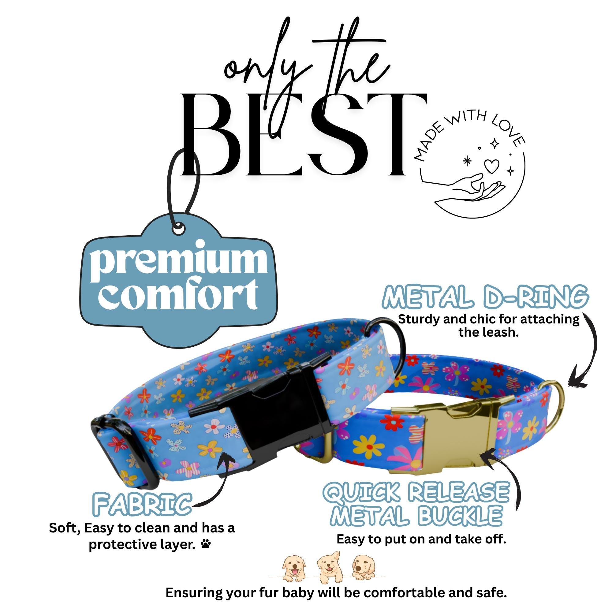 Blue Bloom Garden Dog Collar - Bright Floral Personalized Dog Tag with Metal Buckle Gift for Dogs (OG-428)
