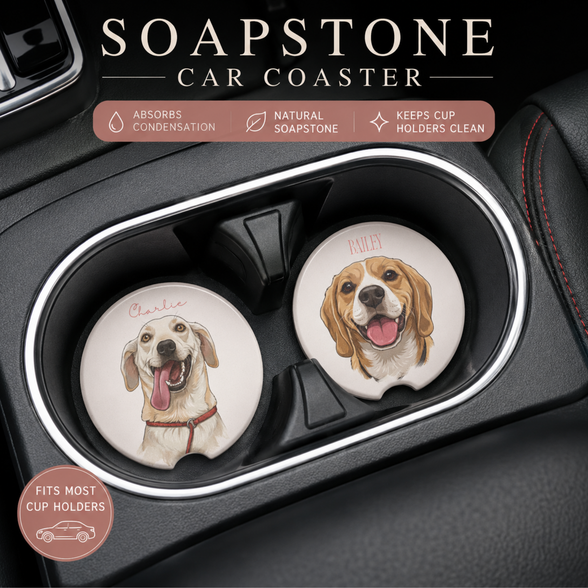 Custom Pet Photo Soapstone Car Coaster  Personalized Dog Car Coaster Set Pet Portrait Cup Holder Coaster Pet Memorial Car Accessory Gift