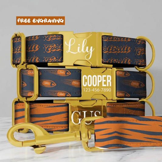Navy Burnt Orange Personalized Football Dog Collar Custom Engraved Name Tag Rugby Style