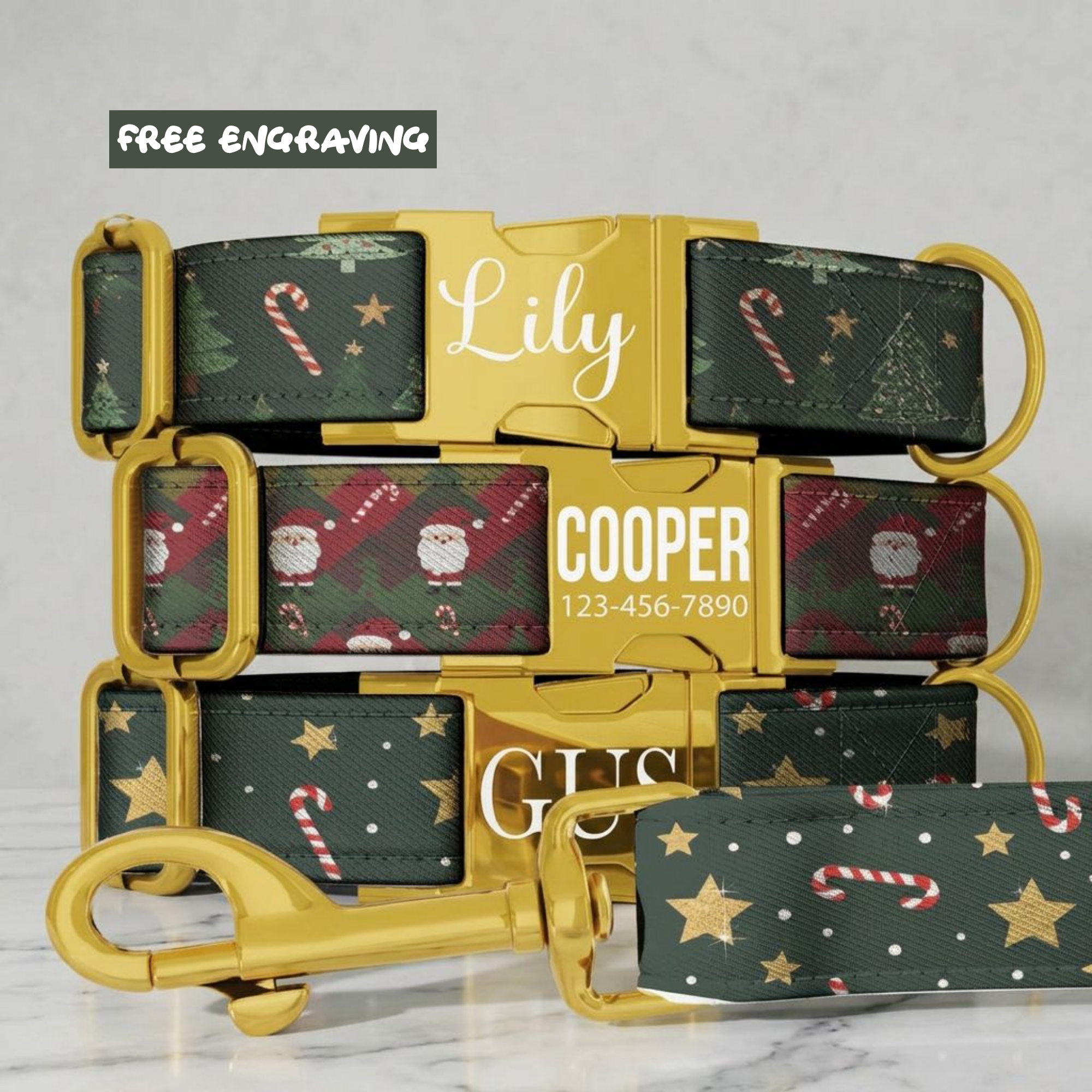 Dark Green Christmas Dog Collar Candy Cane Star Holiday Pattern Personalized Name Collar Custom Pet ID Collar Festive Gift Winter