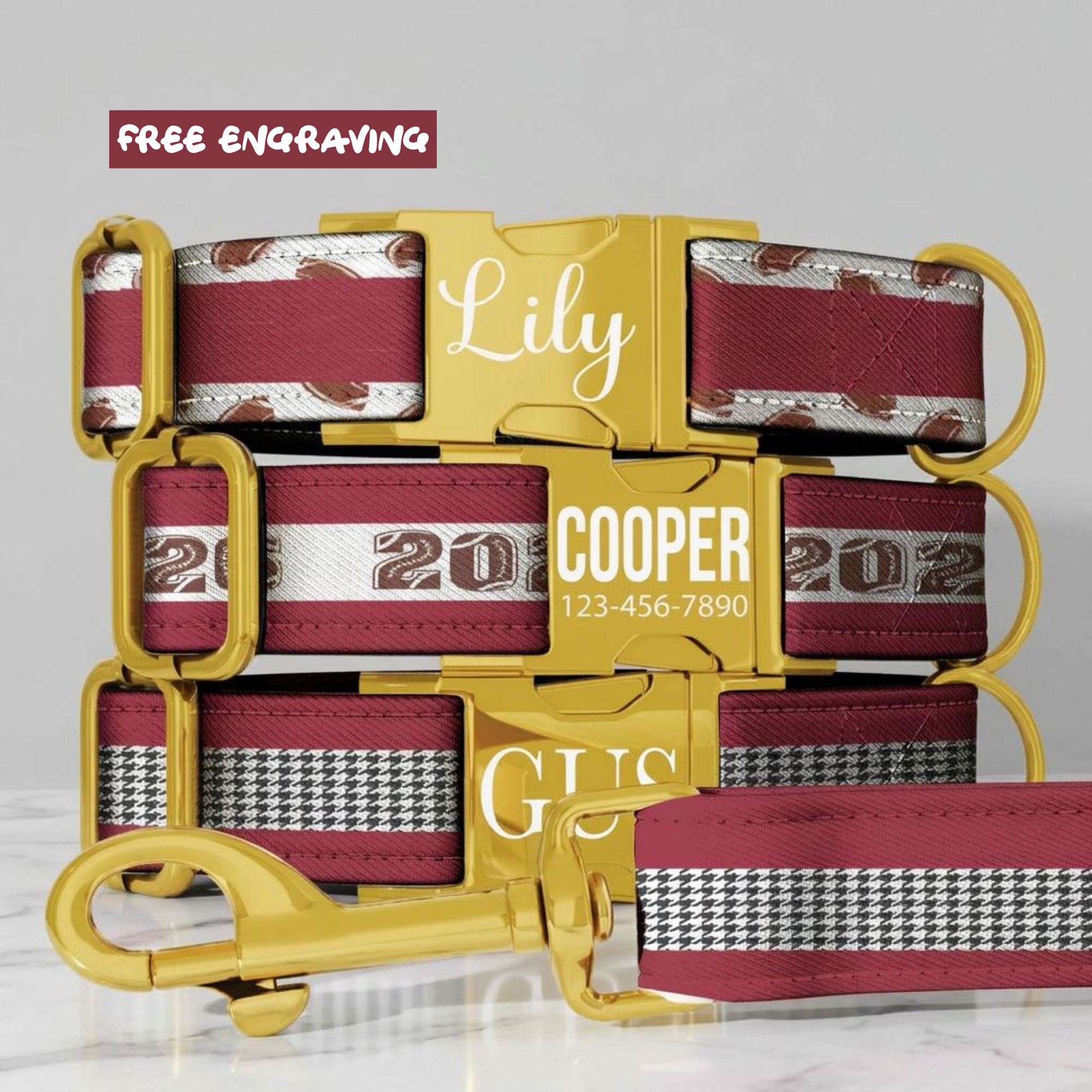 Crimson Red & White Personalized Football Game Day Collar Custom Engraved Name Saturday Series