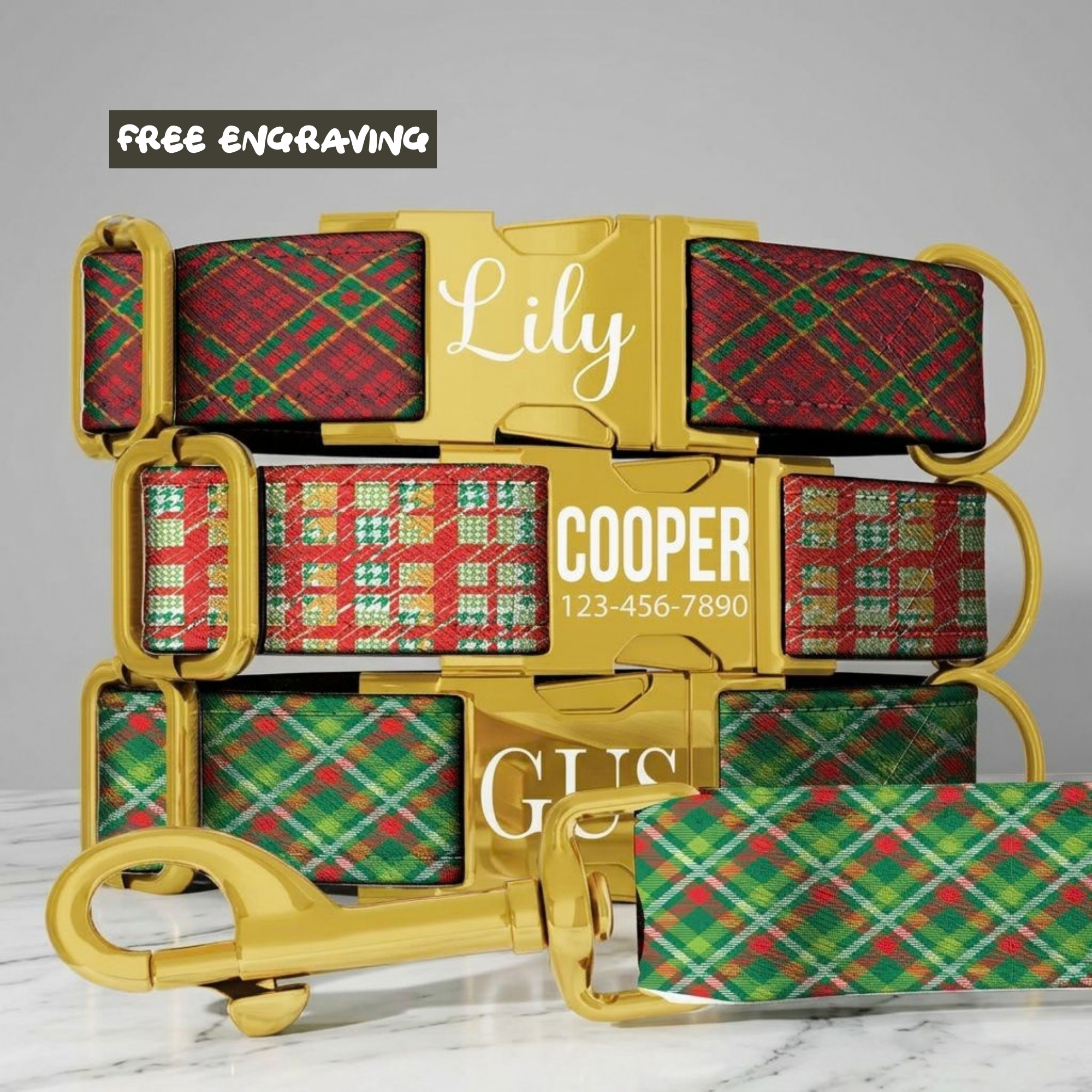 Red Green Christmas Plaid Dog Collar Personalized Holiday Tartan Pet Collar Custom Name ID Collar Festive Puppy Gift Christmas