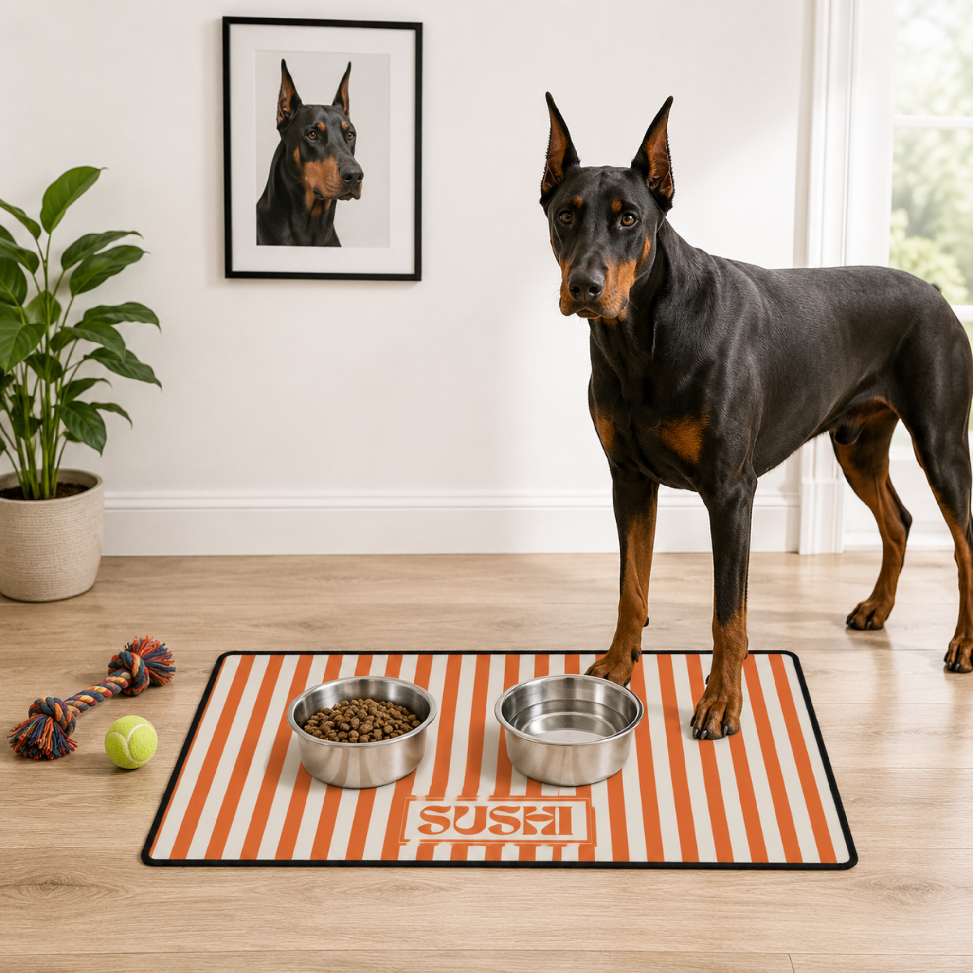 Custom Pet Food Mat with Name, Personalized Dog Feeding Mat, Custom Stripe Colors, Non Slip Floor Protector for Dogs & Cats Gift