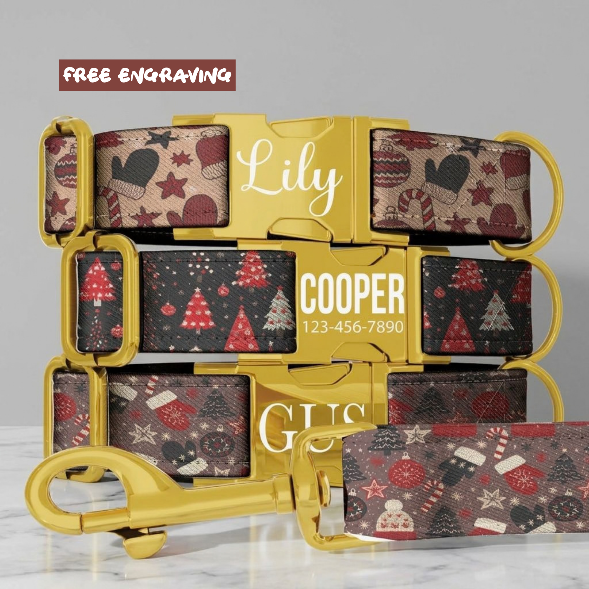 Vintage Christmas Dog Collar Red Black Holiday Pattern Personalized Name Collar Custom Pet ID Collar Festive Puppy Gift Christmas