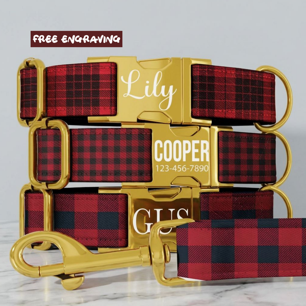 Red Plaid Personalized Dog Collar & Leash Set