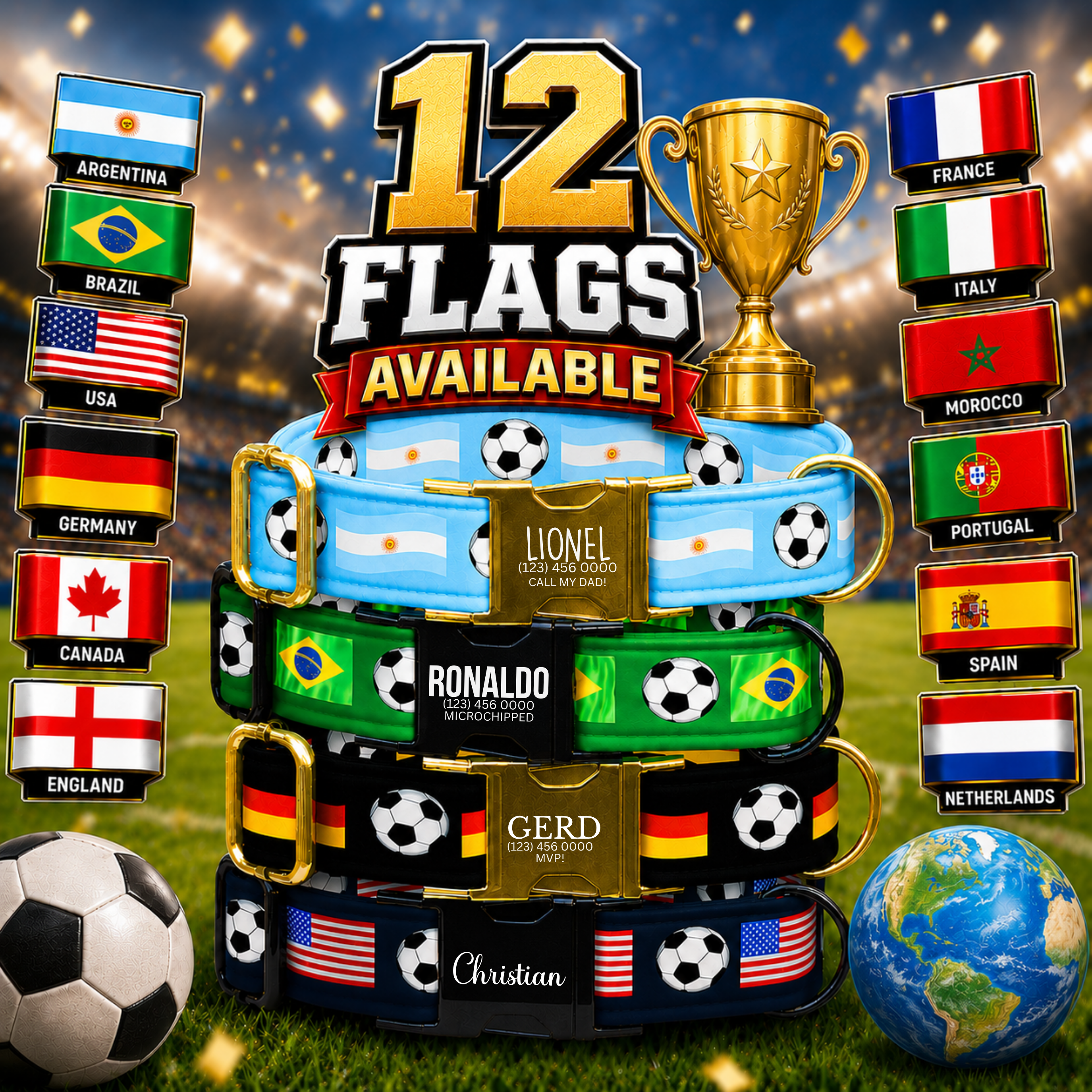 Custom Soccer Dog Collar,Soccer Championship Inspired Pet Collar, Personalized Engraved Name 12 Country Flags Pet Collar Gift Pet Owner (OG-647)