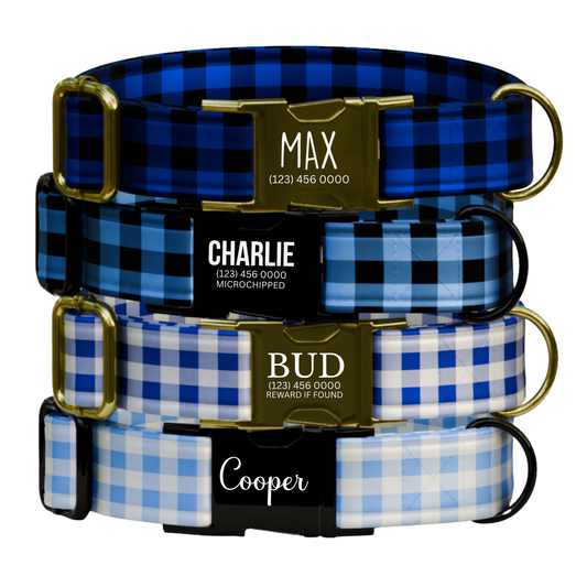 Personalized Blue Plaid Dog Collar & Leash Set (OG-271)