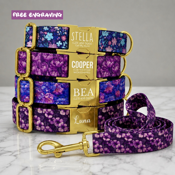Purple Floral Personalized Dog Collar & Leash Set