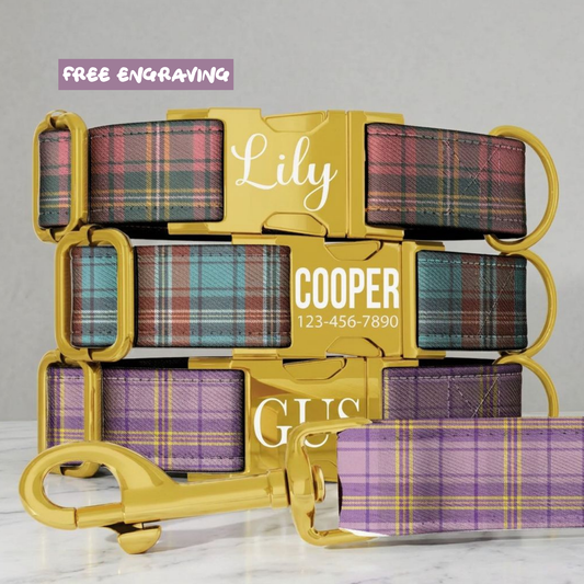 Vintage Gingham Plaid Personalized Dog Collar & Leash Set