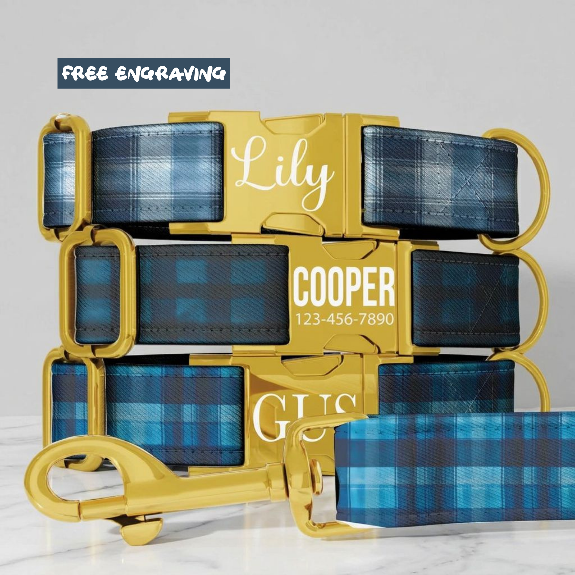 Blue Tartan Plaid Personalized Dog Collar & Leash Set