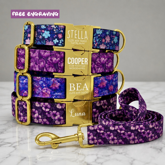 Purple Floral Personalized Dog Collar & Leash Set
