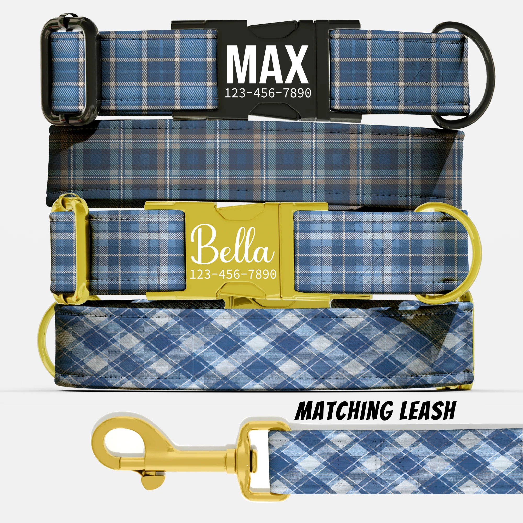 Blue Plaid Personalized Dog Collar & Leash Set